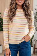 Beige Stripe Colorful Stripes Crew Neck Knit Sweater