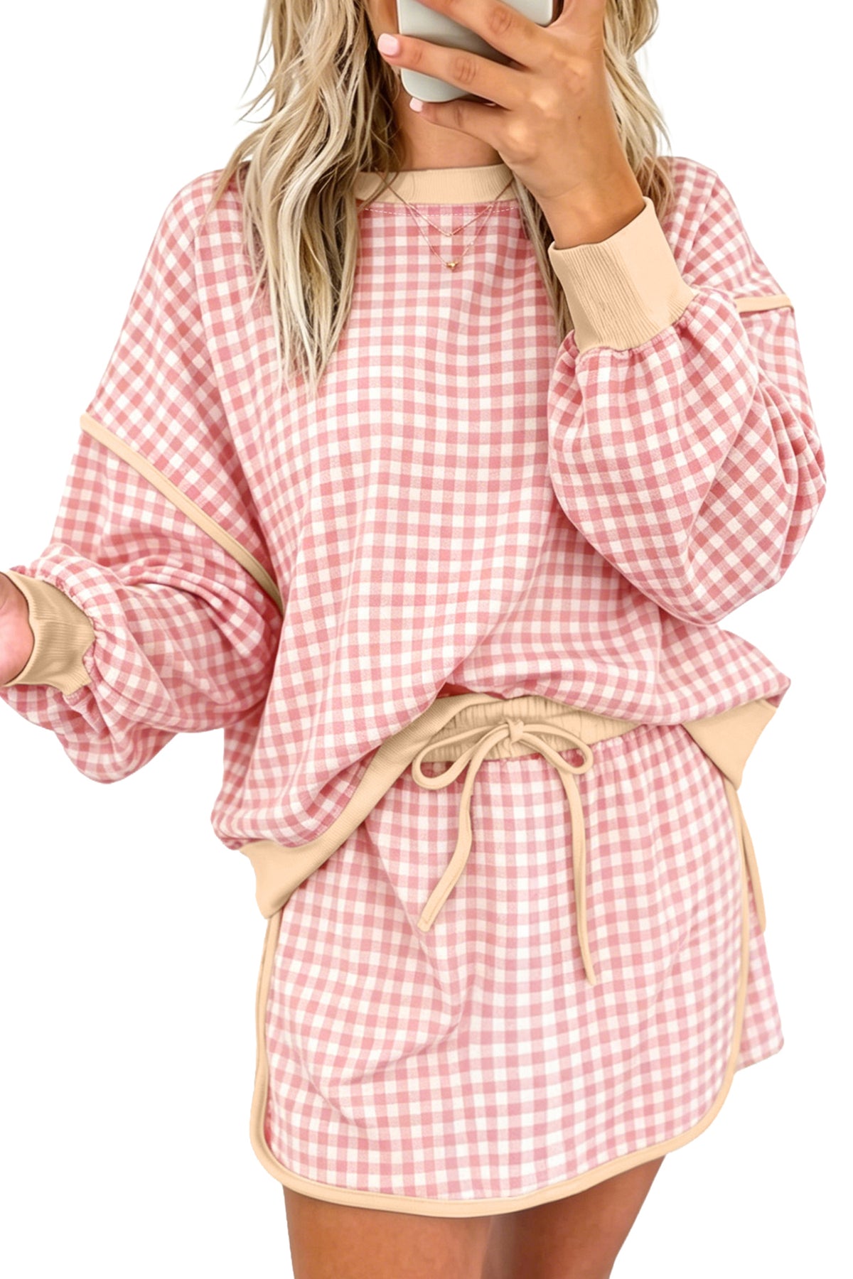 Pink Gingham Oversized Ribbed Trim Crew Neck Long Sleeve Top and Skort Set