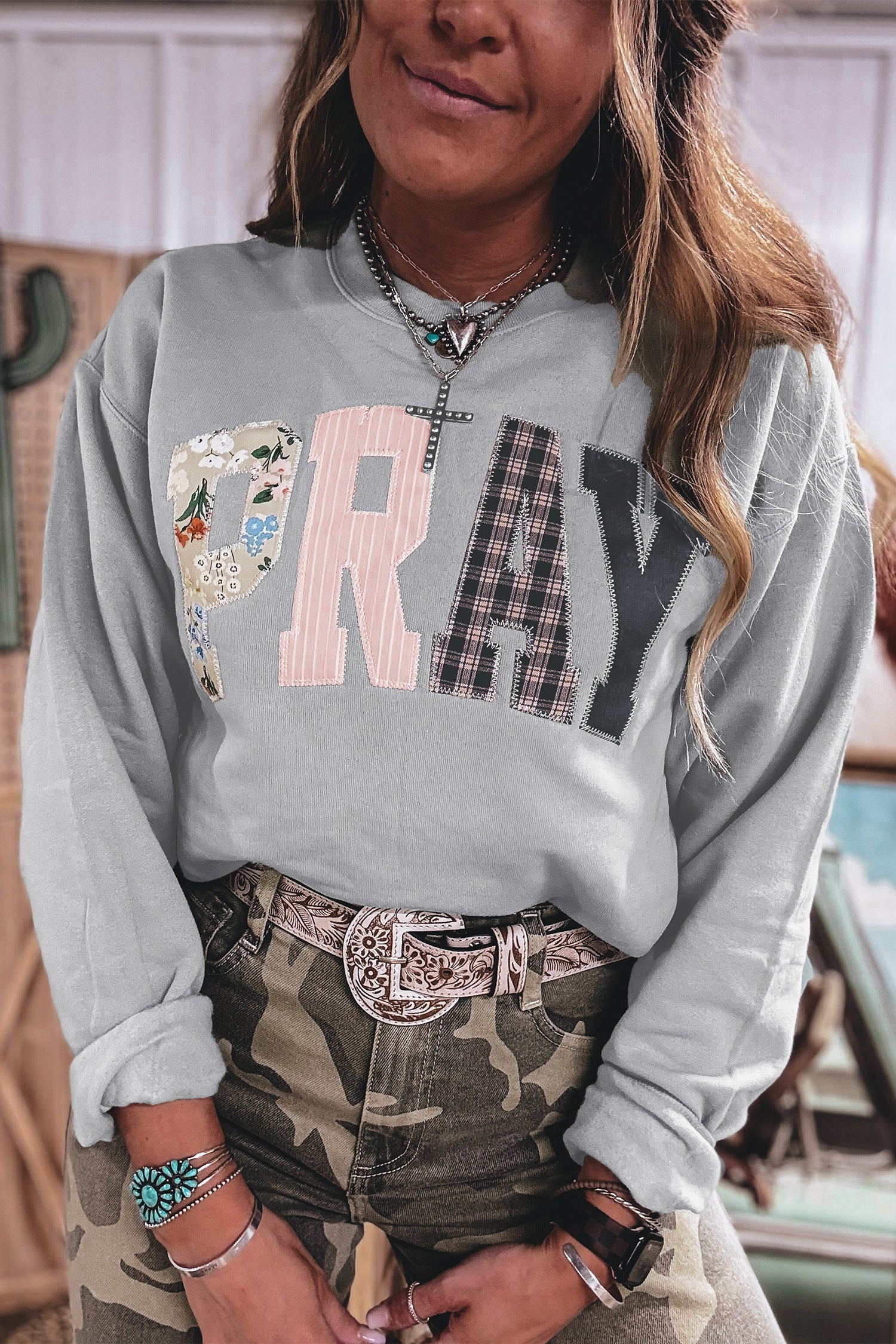 Green Bay Floral Buffalo Plaid Striped Embroidered Patch Western Pullover Sweatshirt