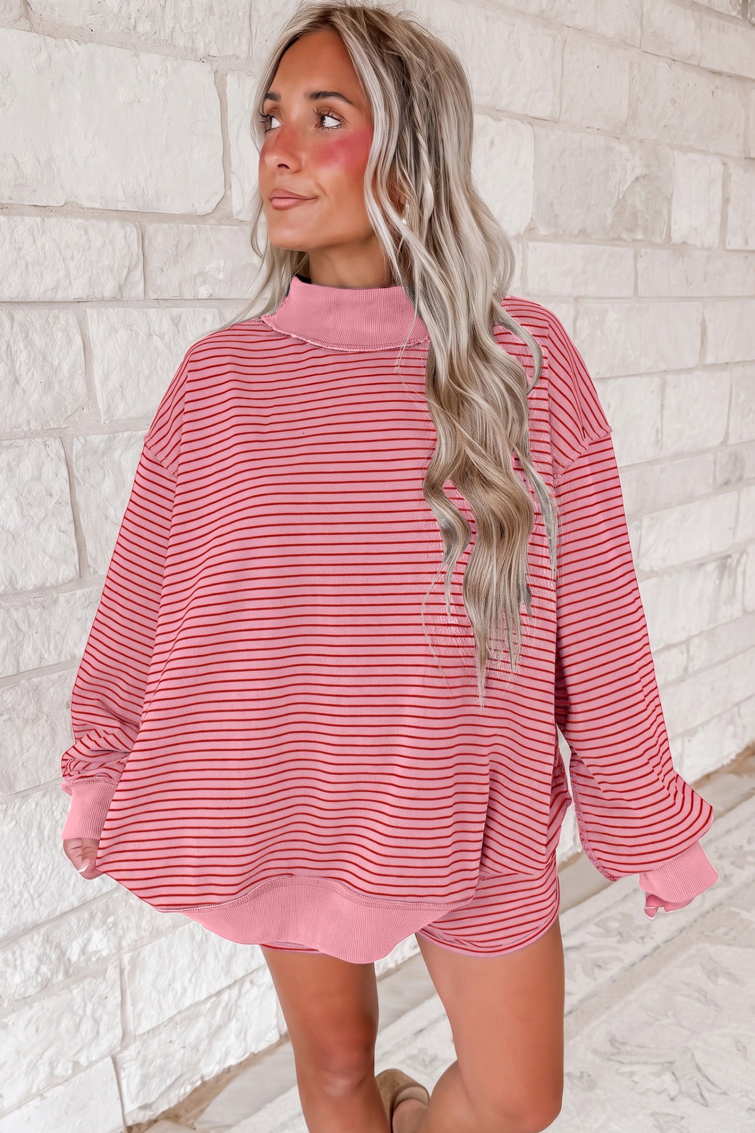 Blue Stripe Ribbed Patchwork Mock Neck Baggy Pullover Matching Shorts Set