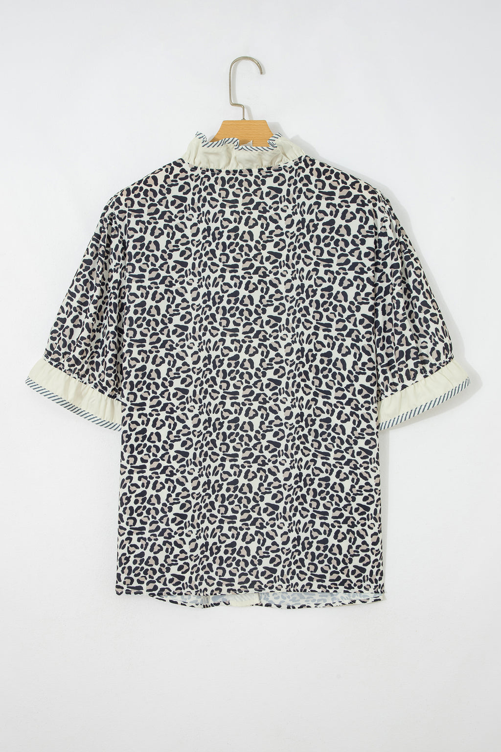 Black Plus Leopard Print Striped Color Block Trim Frilled V Neck Short Sleeve Blouse