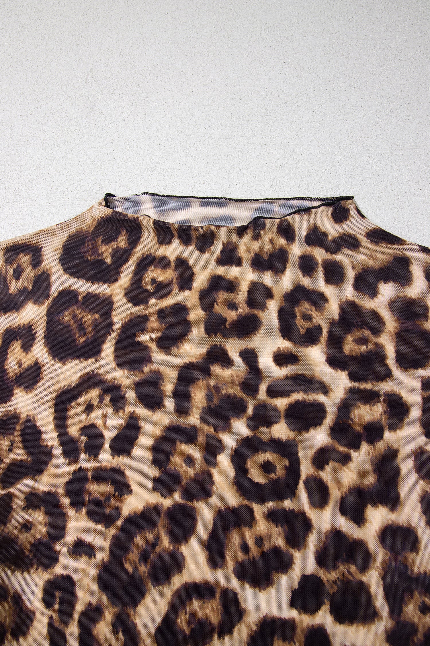 Camel Slim Fit Floral Mesh Long Sleeve Mock Neck Top