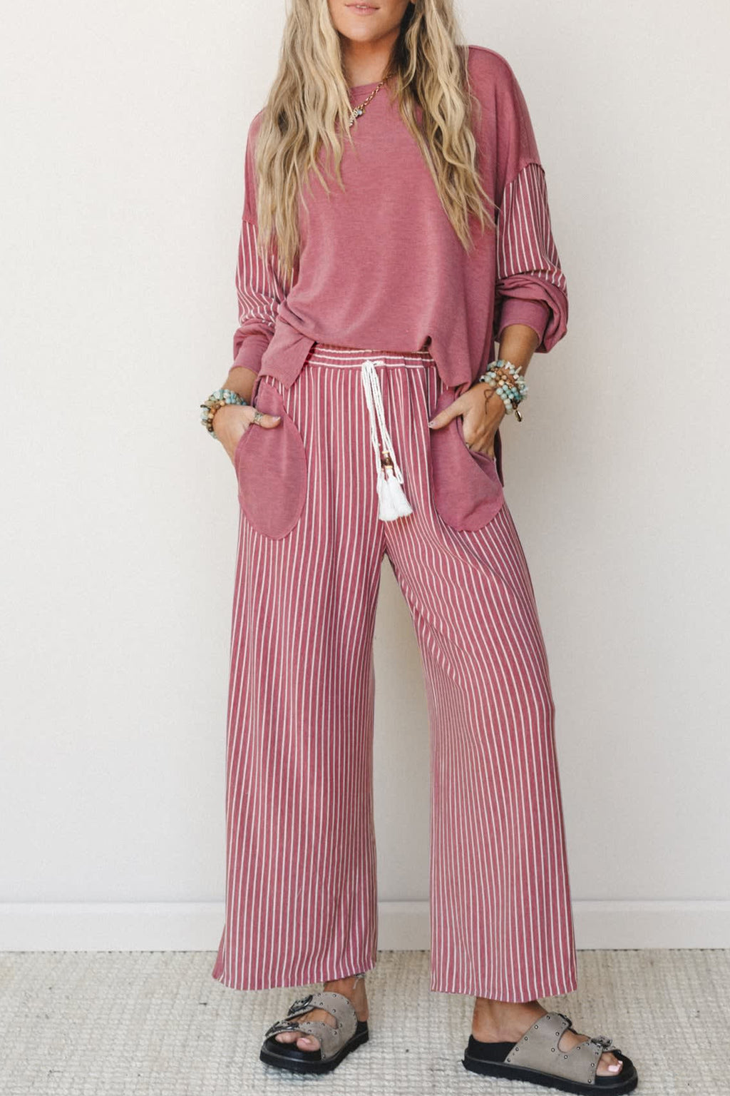 Fushia Raw Seam Patchwork Long Sleeve Top Pocket Casual Pants 2pcs Set