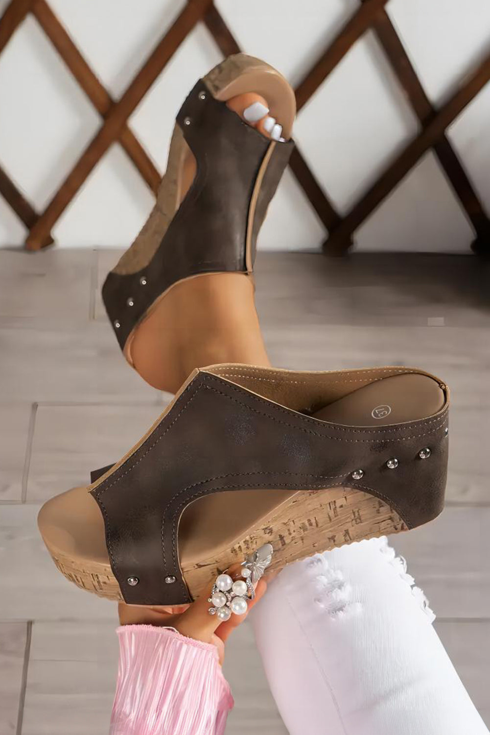 Gray Hollow Out Studded PU Leather Wedge Slippers