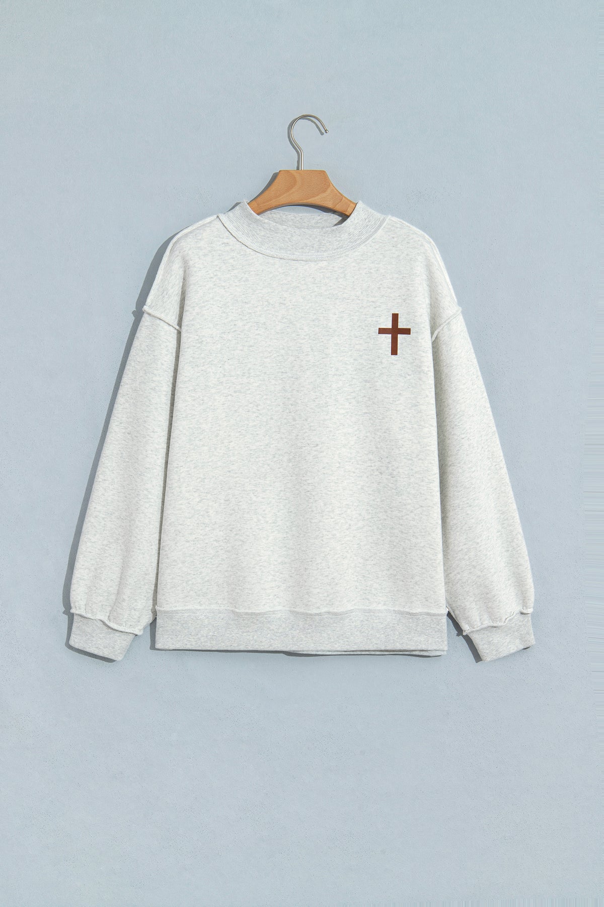 Light Grey Reversible Christian Faith Print Mock Neck Pullover Sweatshirt