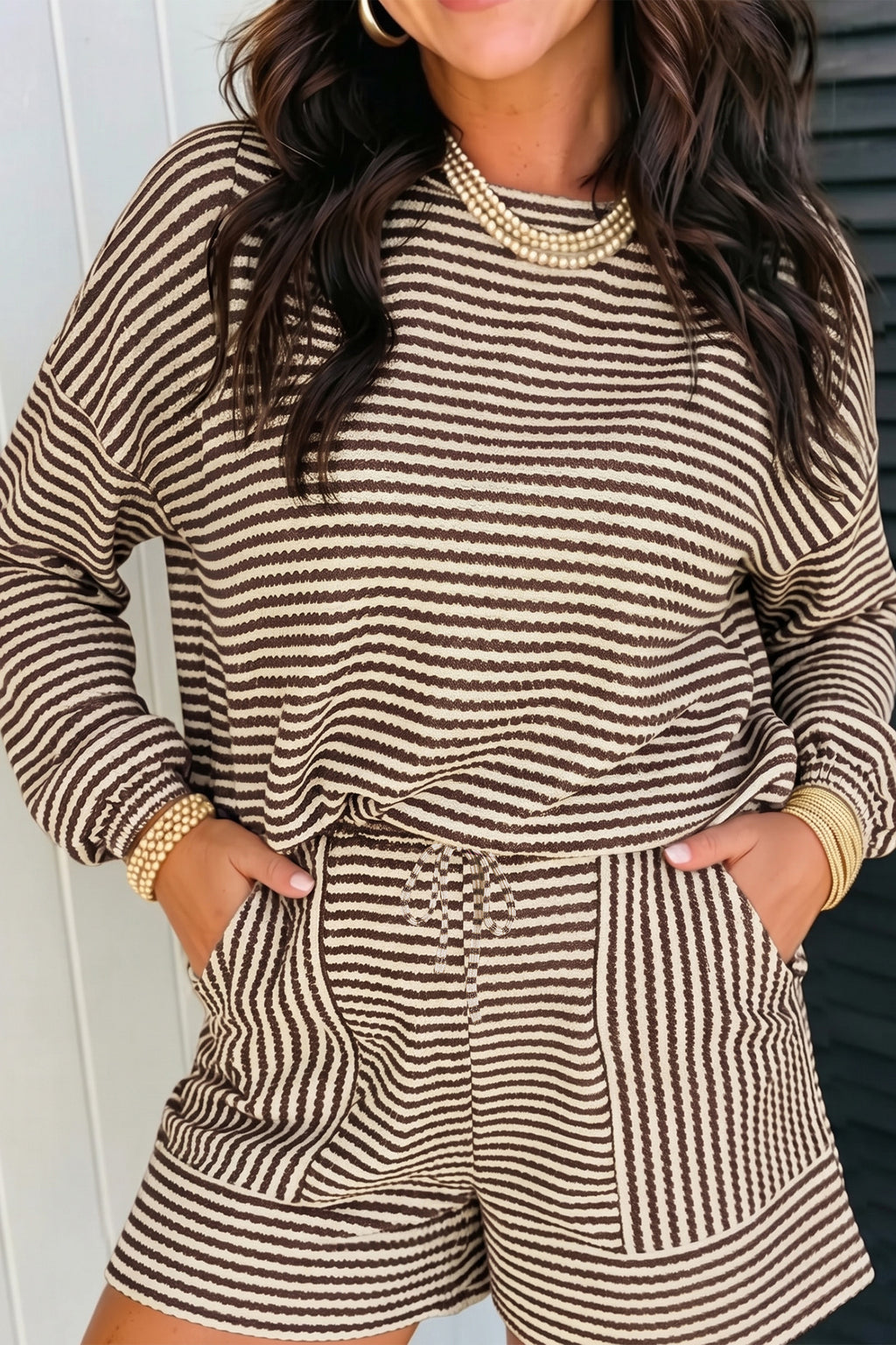 Brown Stripe Textured Knit Long Sleeve Top Elastic Waist Shorts Casual Outfit