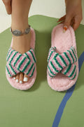 Pink Striped Cross Band Soft Plush Open Toe Slippers
