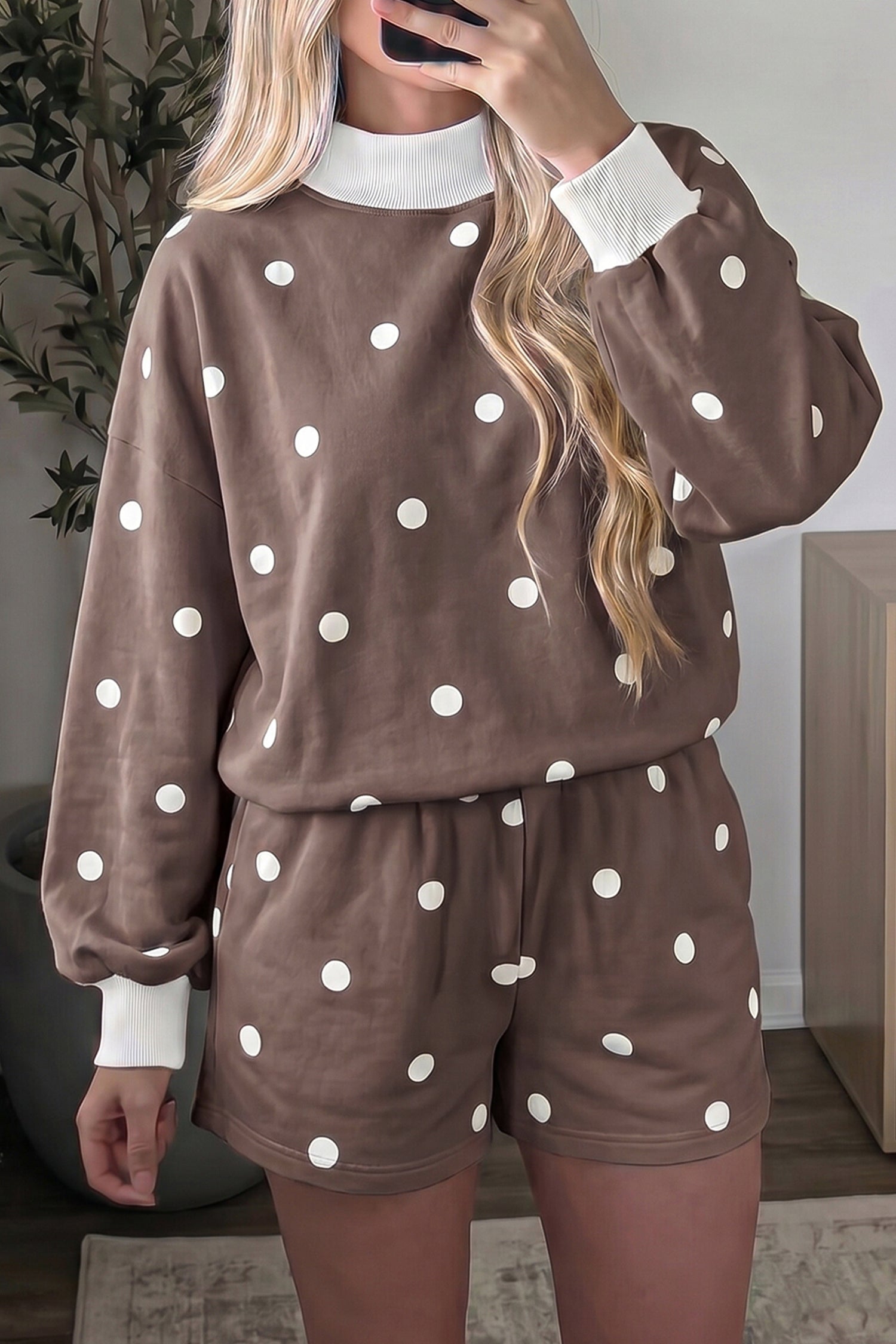 Brown Polka Dot Ribbed Trim Long Sleeve Top Casual Short Set