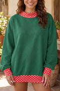 Dark Green Colorblock Polka Dot Contrast Trim Oversized Sweatshirt