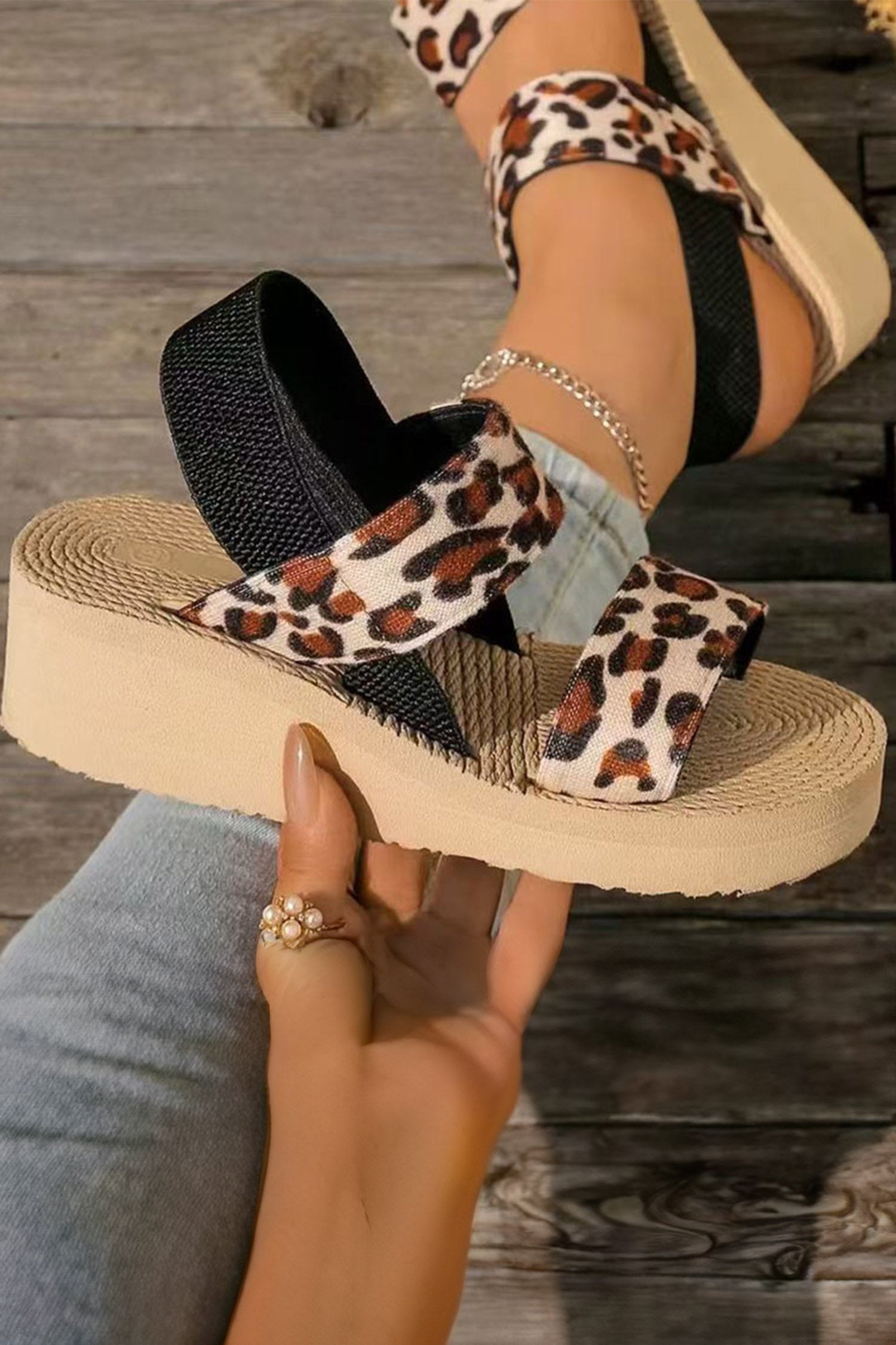Thai Curry Leopard Double Straps Woven Textured Sole Casual Sandals