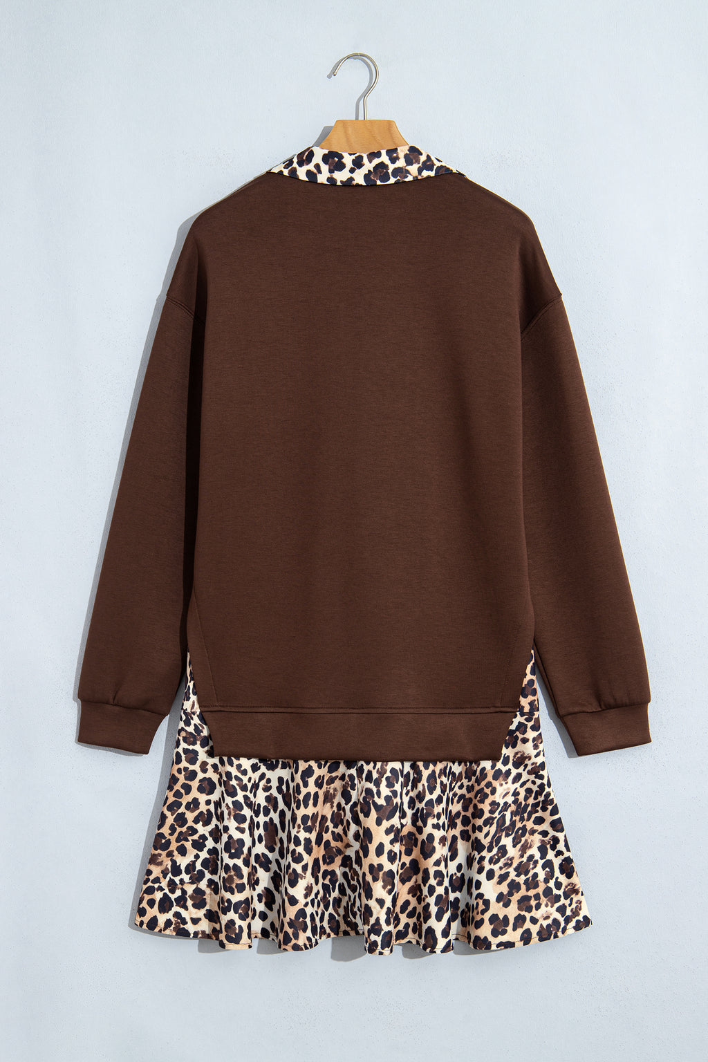Coffee Leopard Patchwork Collar Long Sleeve Dress