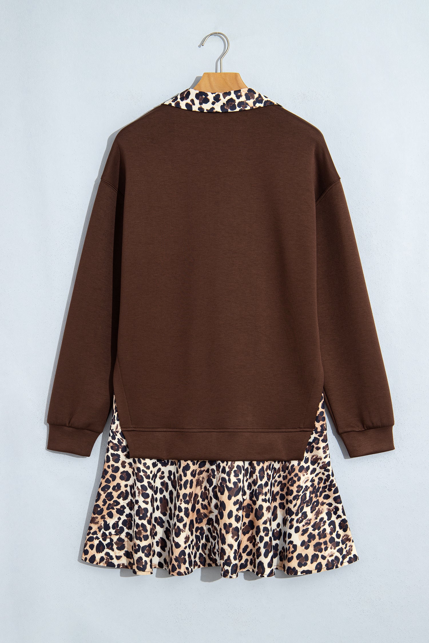 Coffee Leopard Patchwork Collar Long Sleeve Dress
