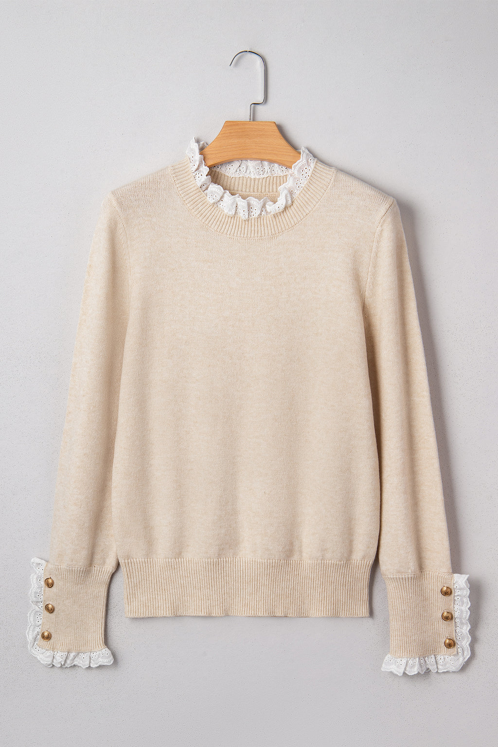 Jet Stream Lace Trim Patchwork Buttoned Cuffs Loose Sweater