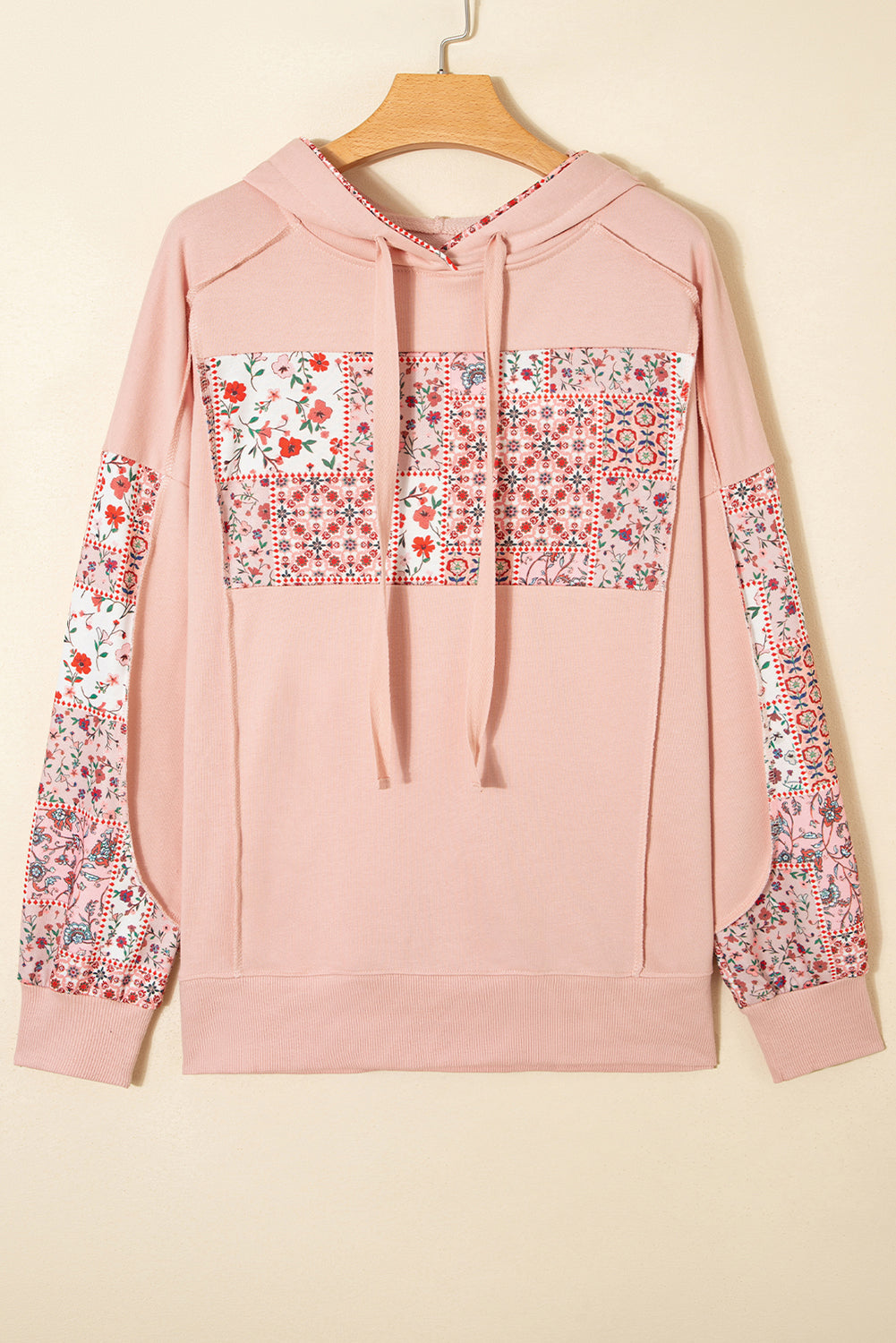 Delicacy Mix Floral Patchwork Side Slit Drawstring Hoodie