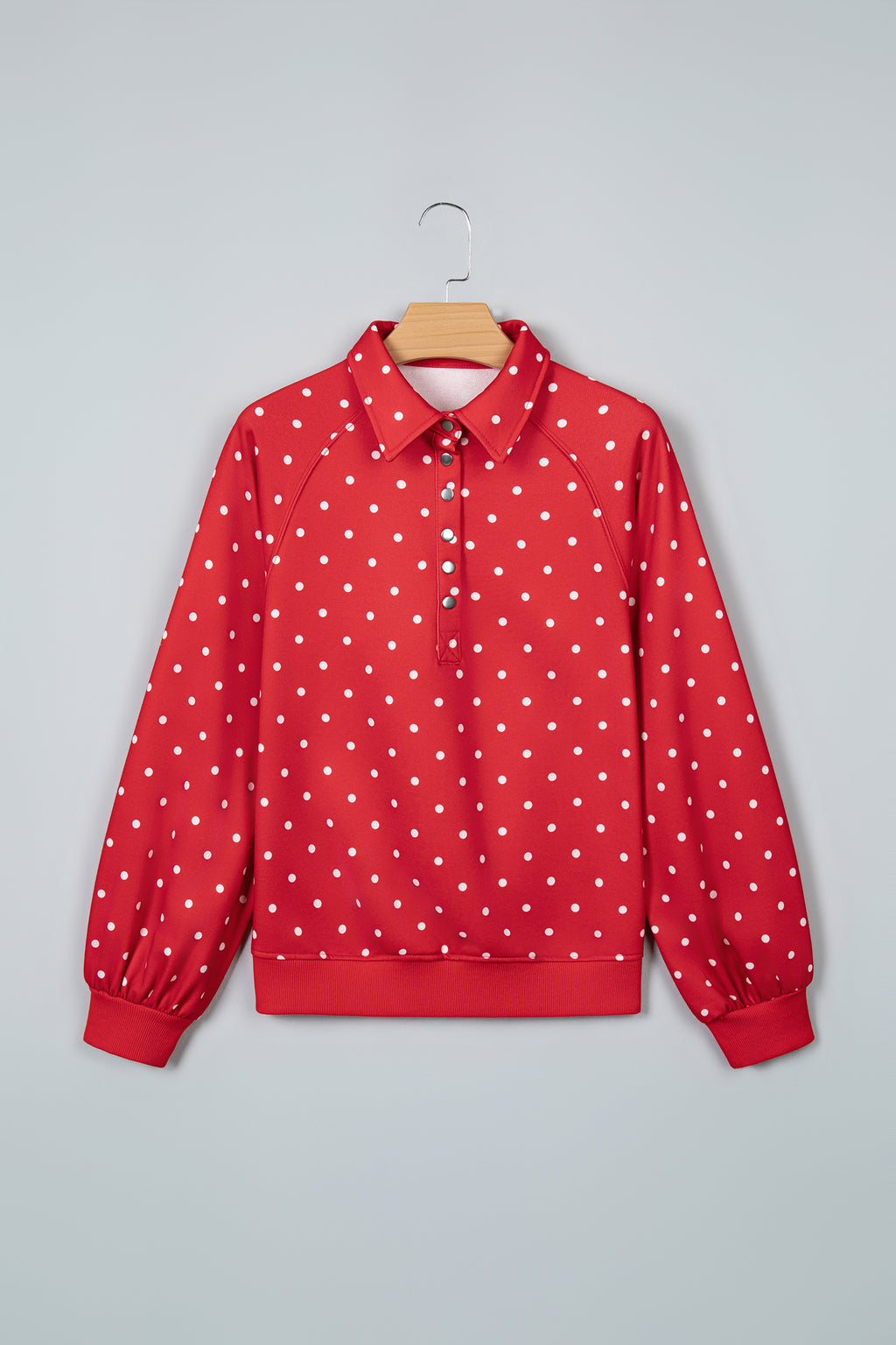 Red Polka Dot Print Metal Button Collar Casual Pullover Sweatshirt