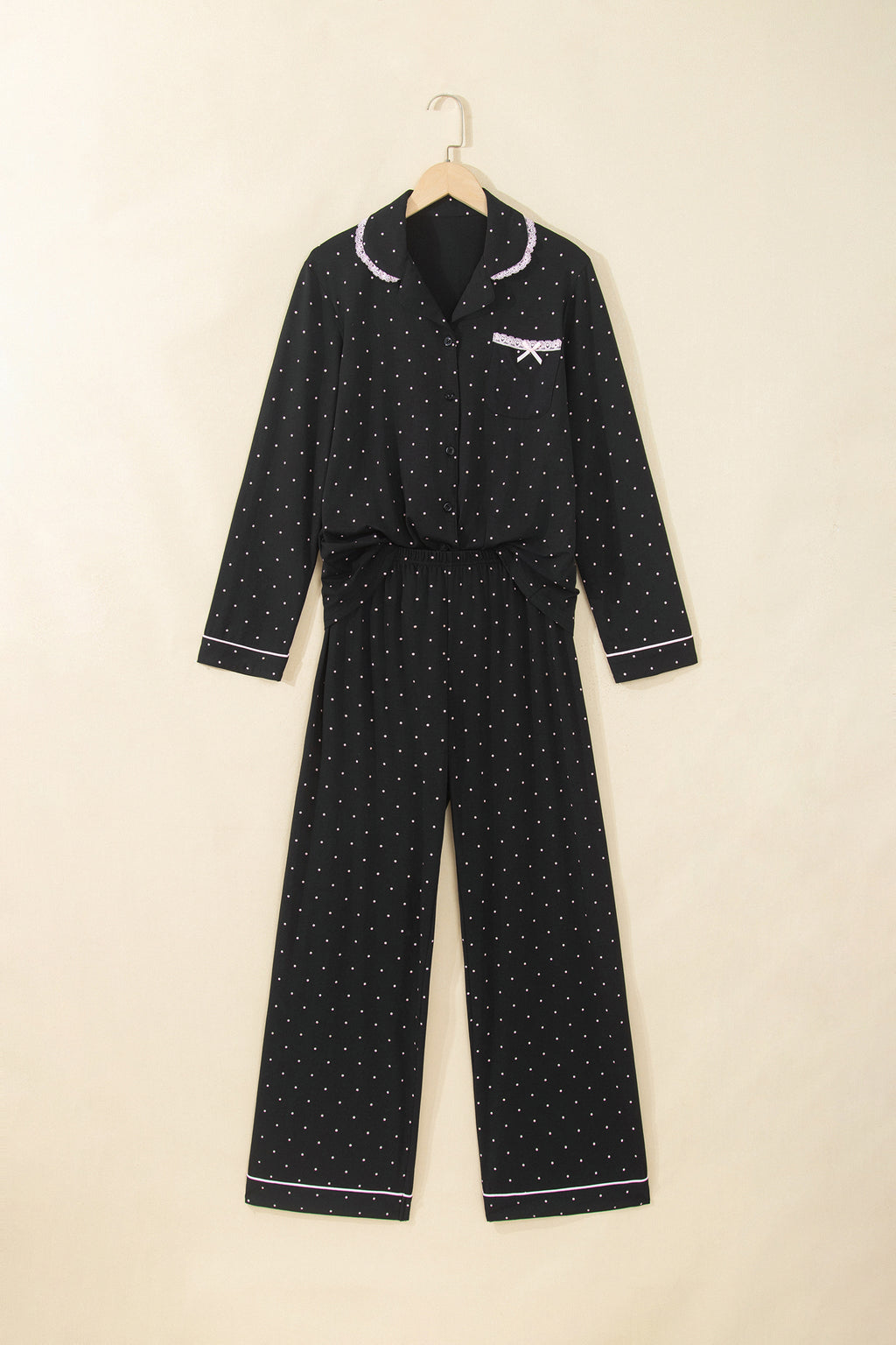 Black Polka Dot Long Sleeve Shirt Lace Detail Two Piece Pajama Pant Set