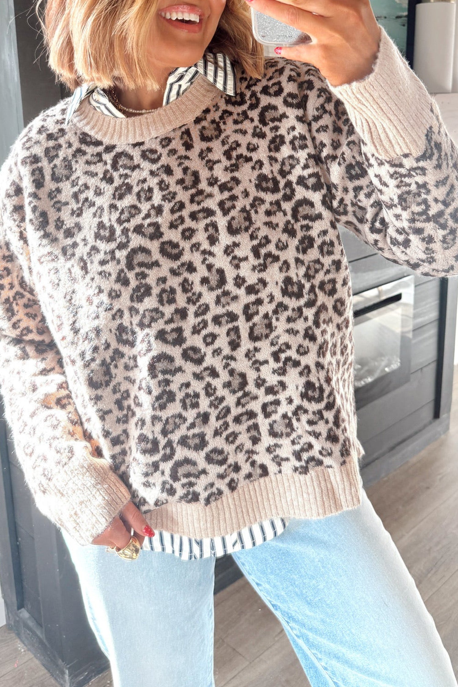 Beige Leopard Print Ribbed Color Block Trim Pullover Sweater