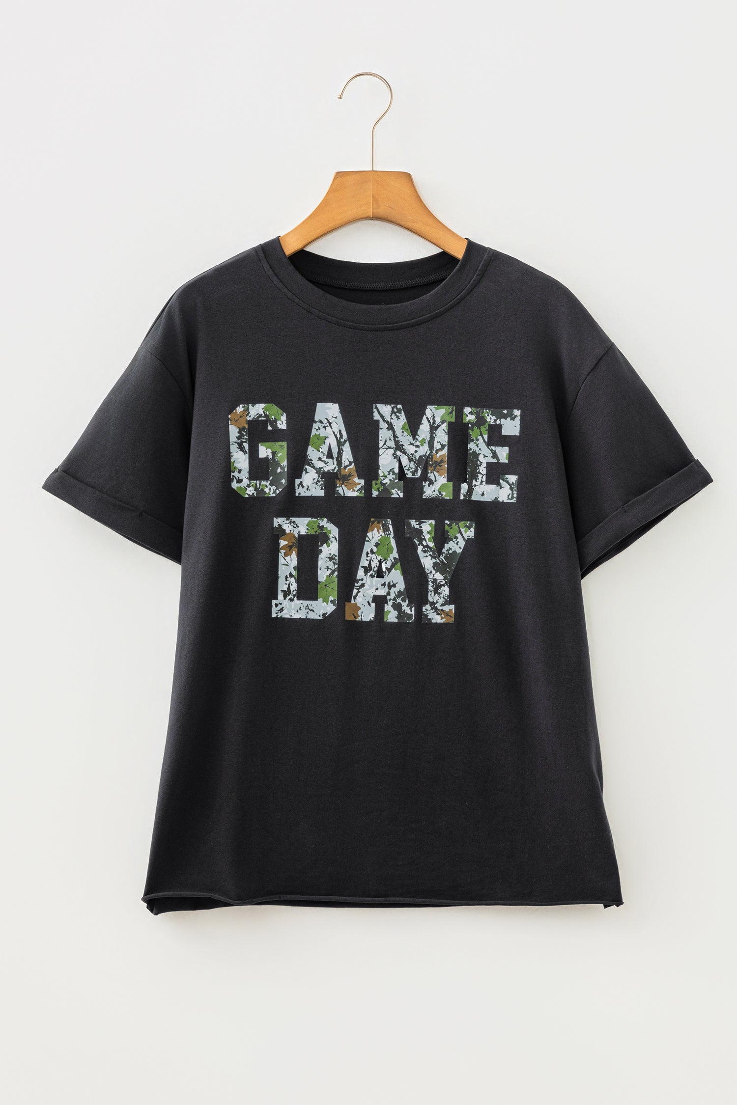 Black Camo Print Game Day Tee Short Sleeve Round Neck Casual T Shirt