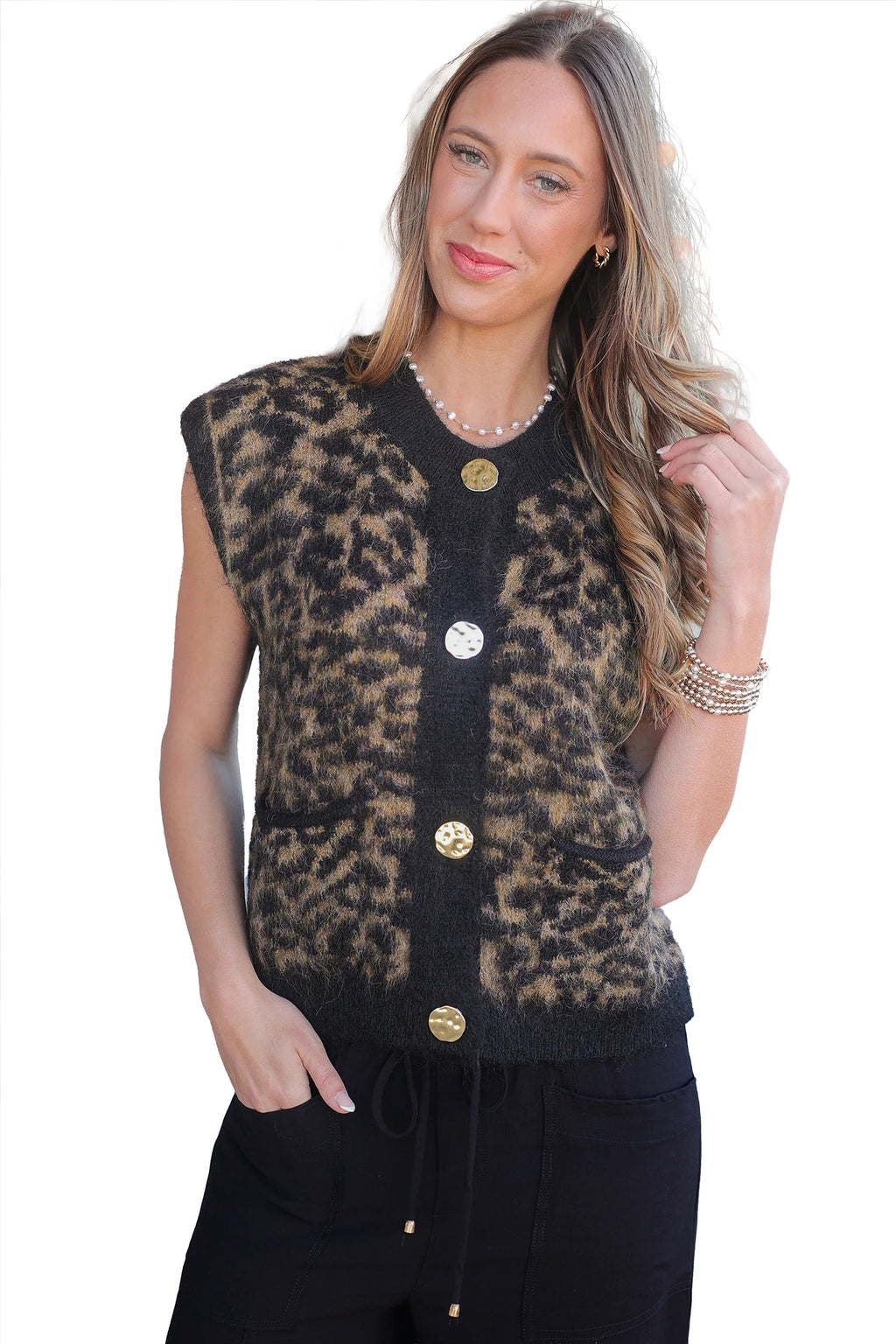 Pink Leopard Print Knit Sleeveless Regular Wash Sweater Vest