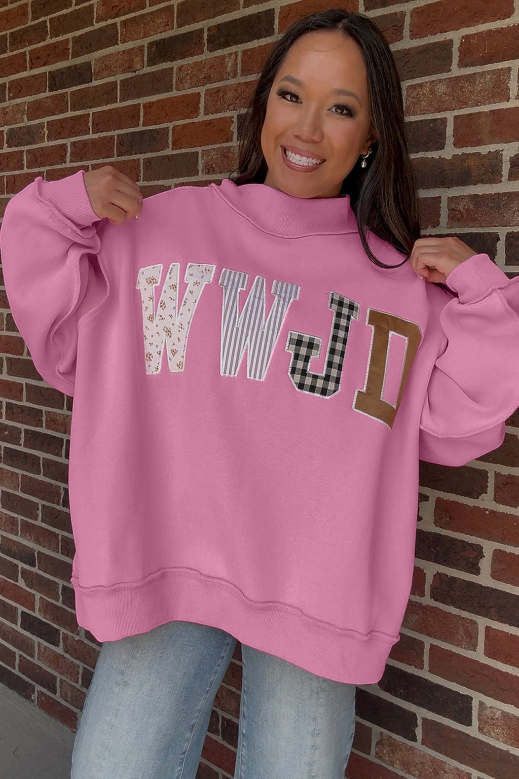 Coffee WWJD Mixed Pattern Embroidered Patch Graphic Mock Neck Sweatshirt