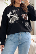 Black Rugby Game Day Patchwork Graphic Plus Size Sweatshirt