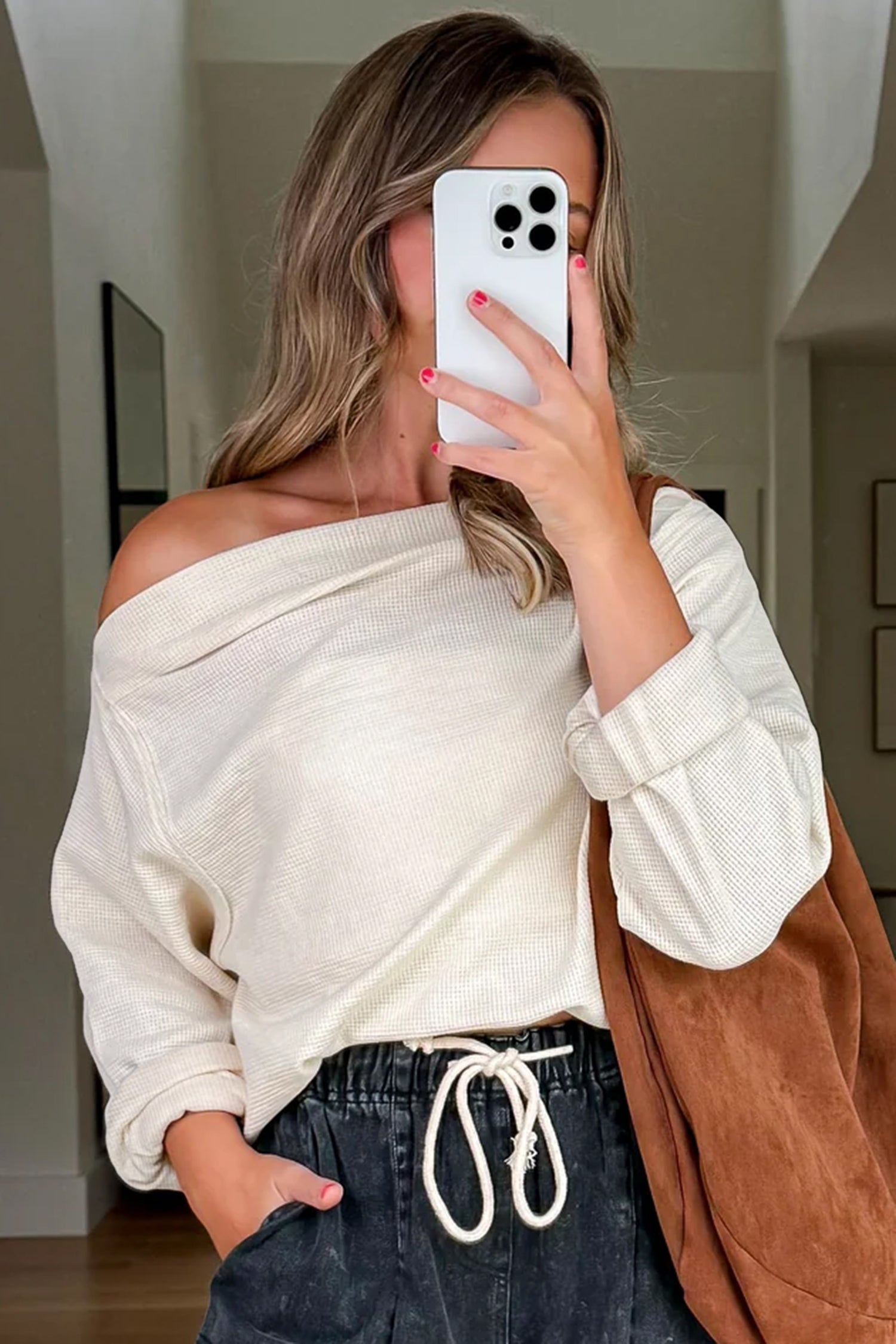 Beige Solid Color Waffle Knit Asymmetric Neck Long Sleeve Top