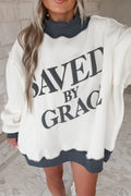 Beige Saved By Grace Print Color Block Mock Neck Oversized Sweatshirt