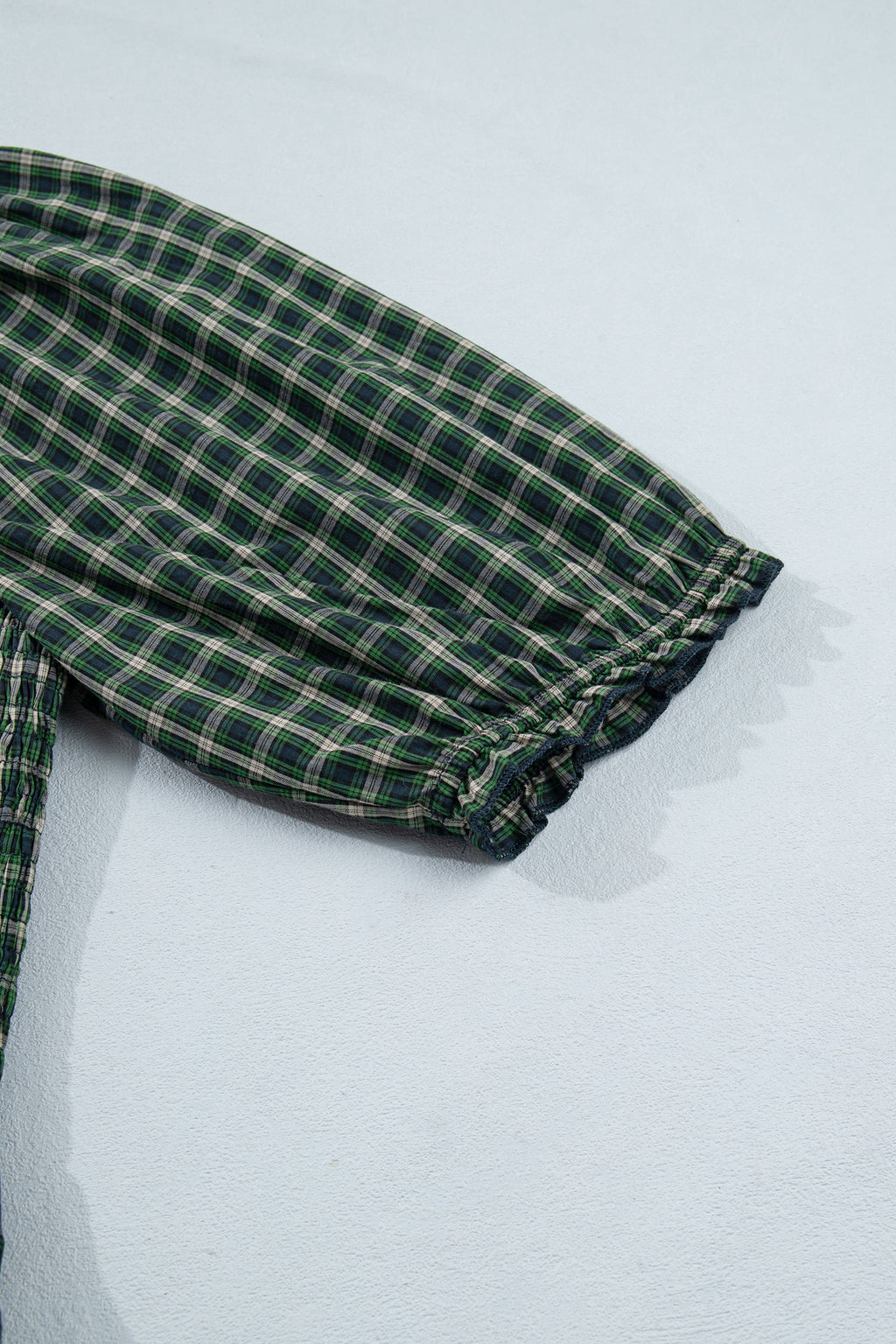 Green Plaid Square Neck Shirred High Waist Ruffle Hem Dress