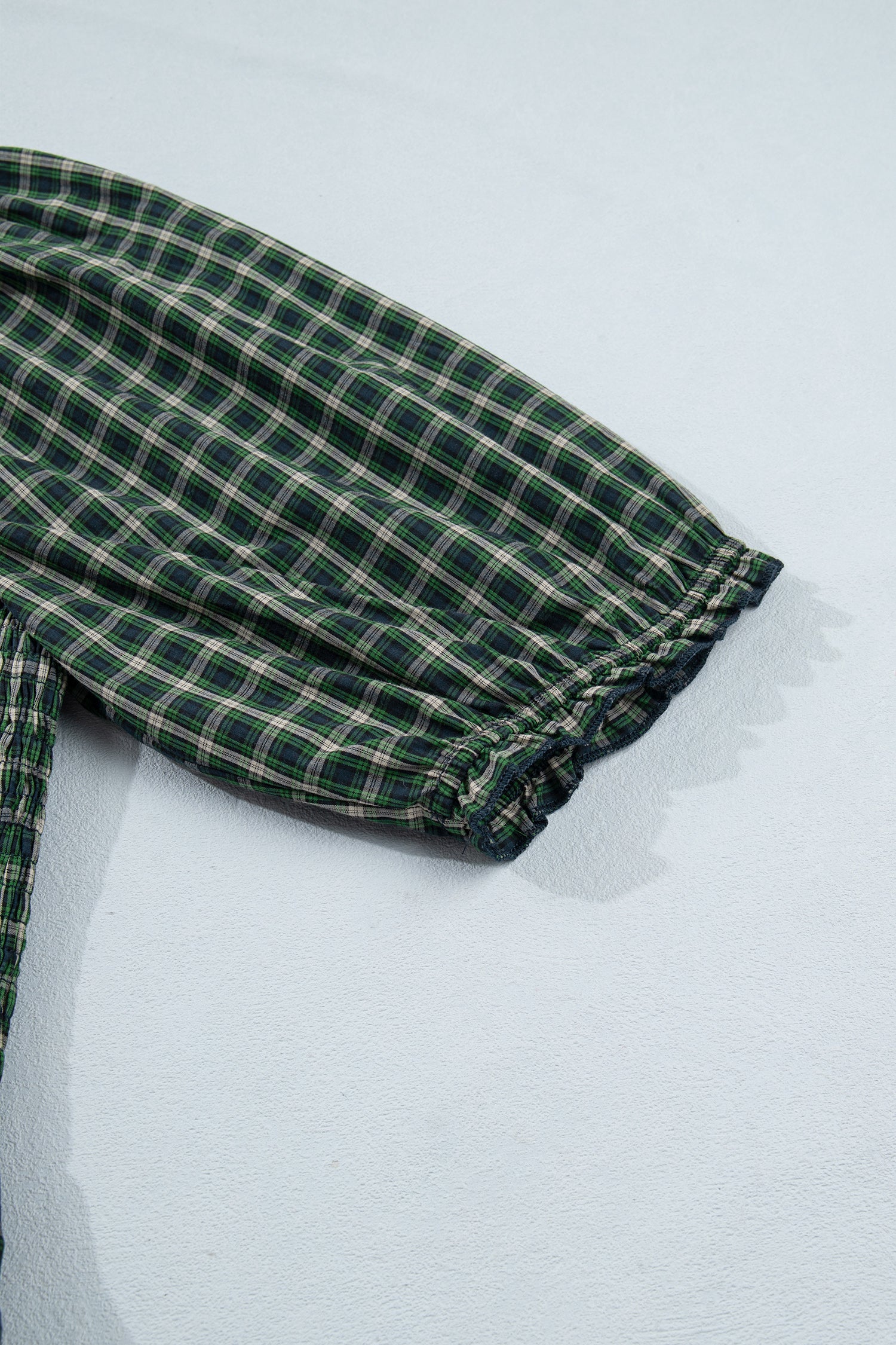 Green Plaid Square Neck Shirred High Waist Ruffle Hem Dress