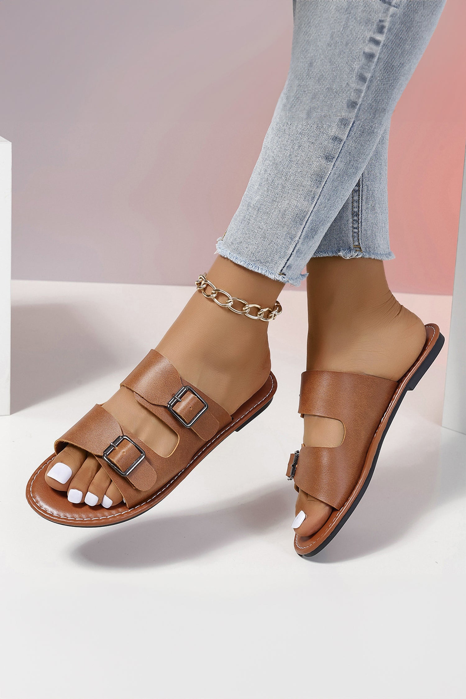 Thai Curry Retro Double Buckle PU Leather Flat Slippers