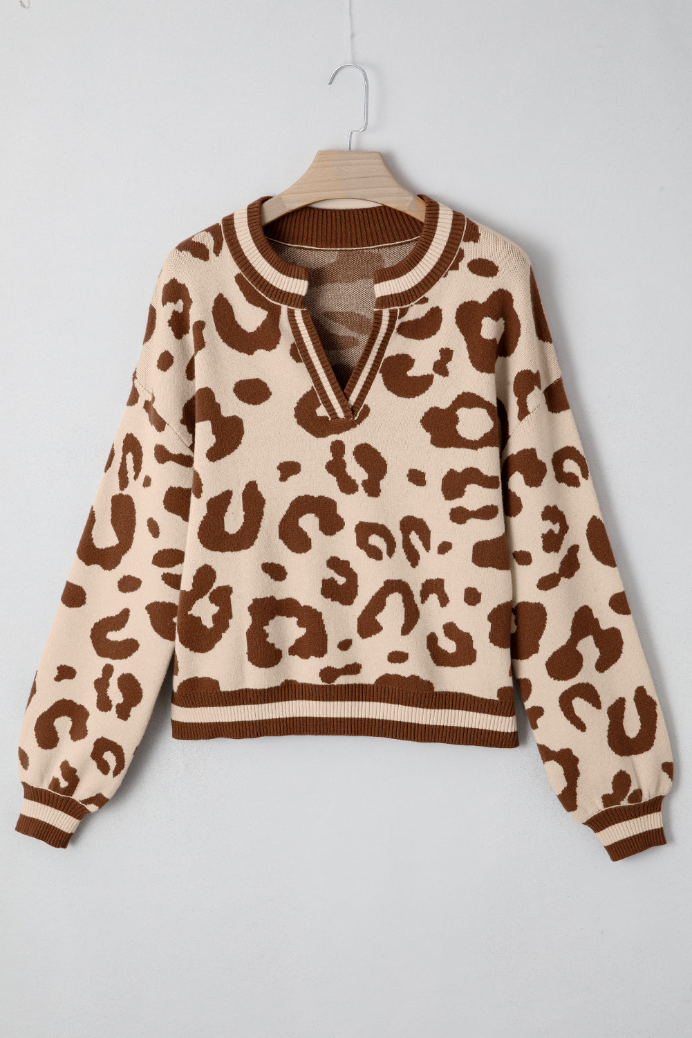 Light French Beige Leopard Printed Knit V Neck Casual Sweater