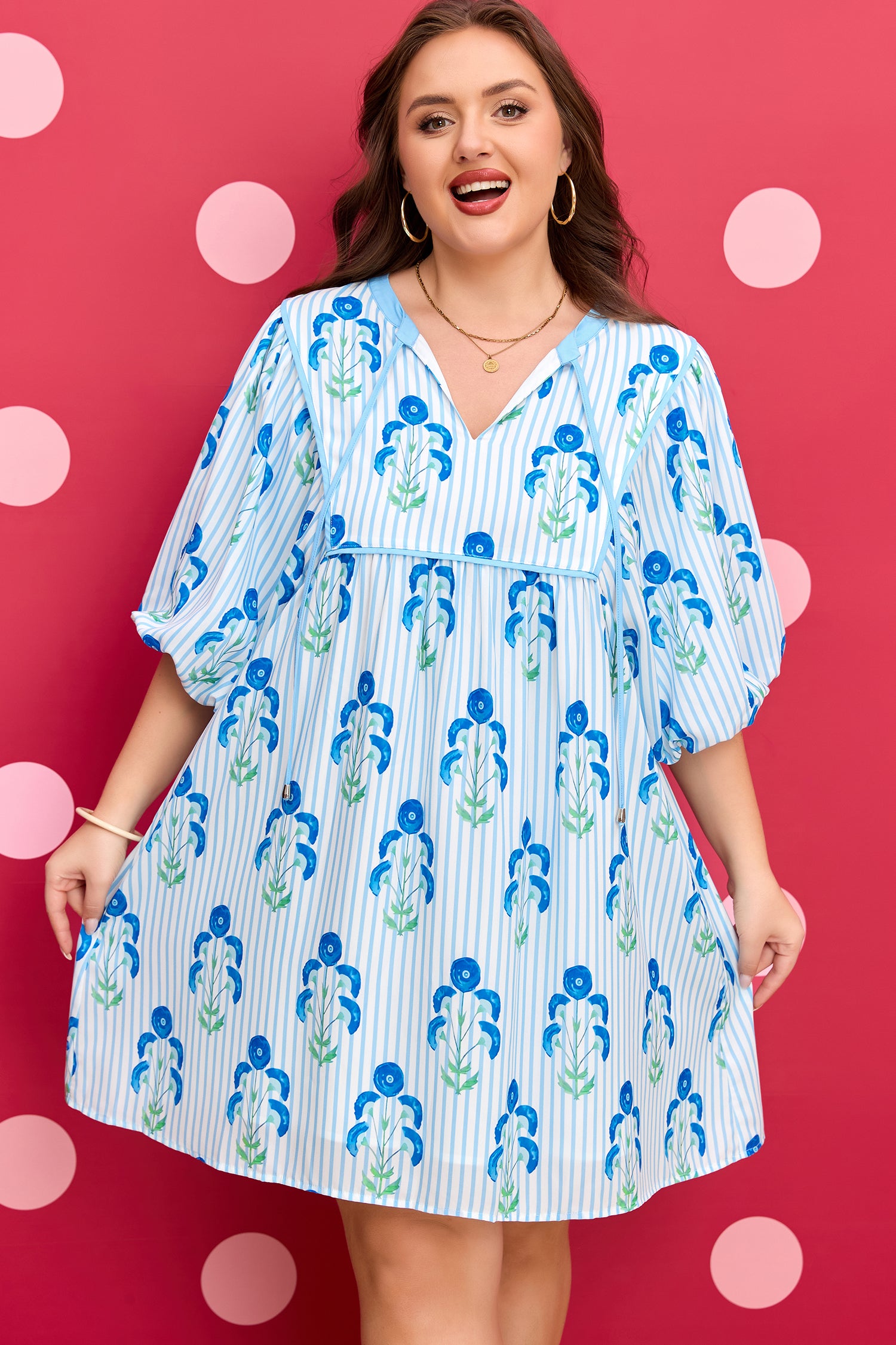 Sky Blue Floral Striped Bubble Short Sleeve Plus Size Dress