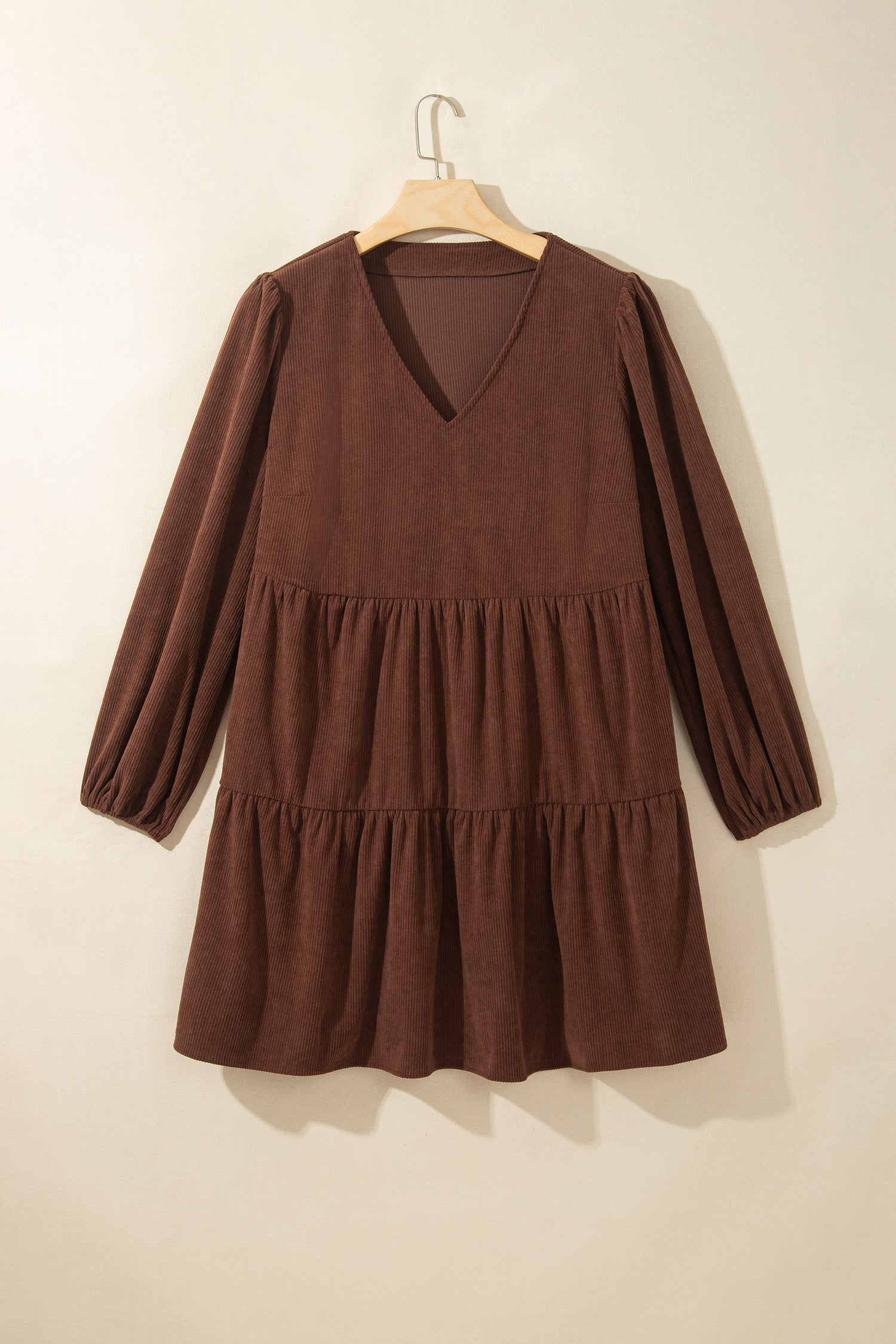 Coffee Winter Corduroy V Neck Long Sleeve Plus Size Mini Dress