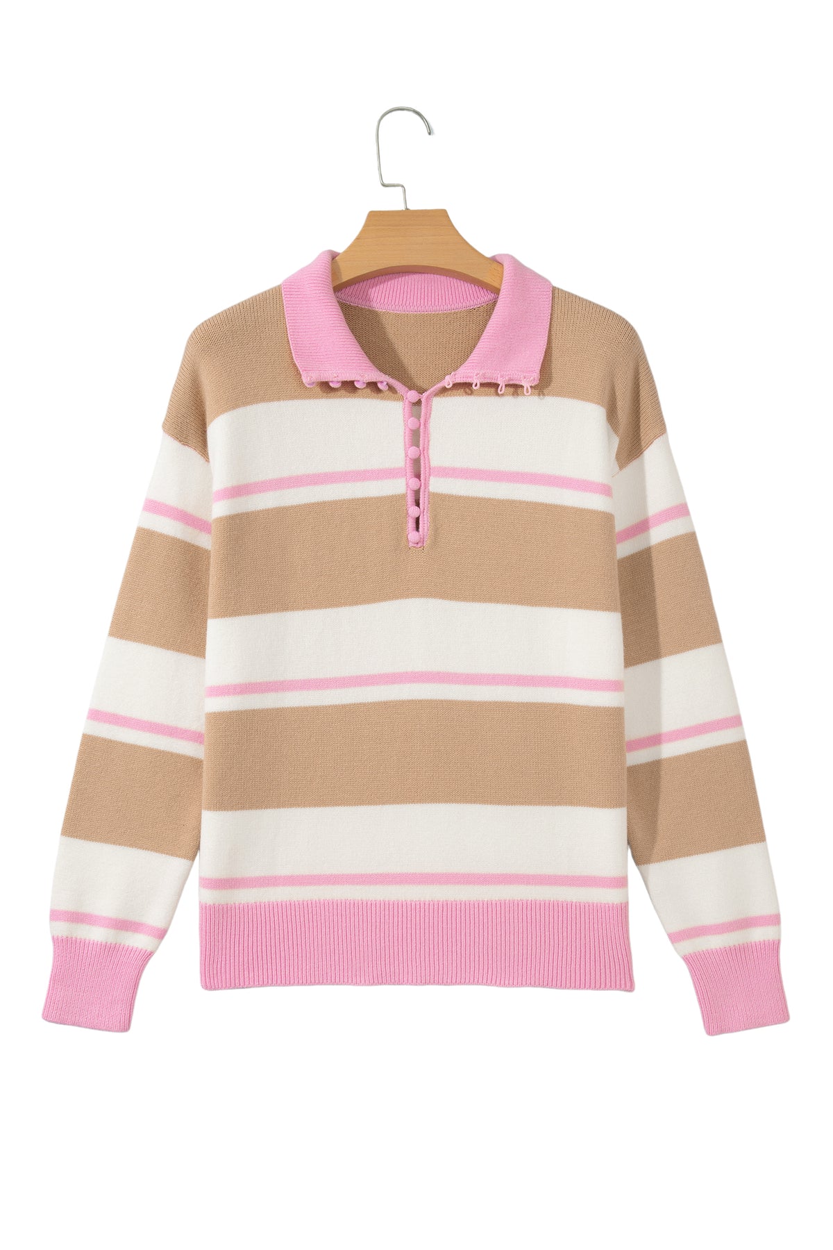Khaki Stripe Striped Drop Shoulder Button Placket Long Sleeve Sweater