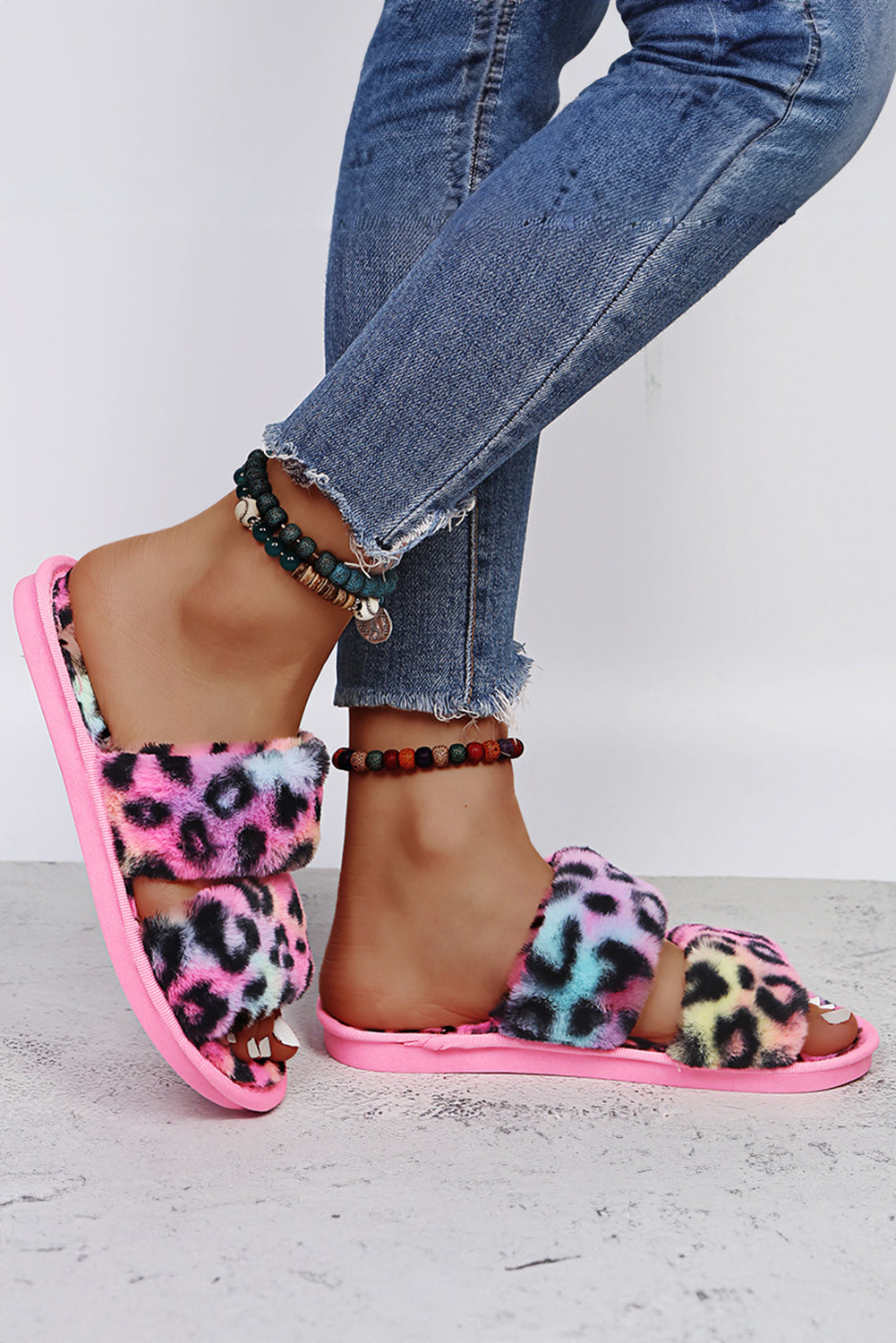 Rose Red Bold Plush Leopard Double Band Flat Slippers