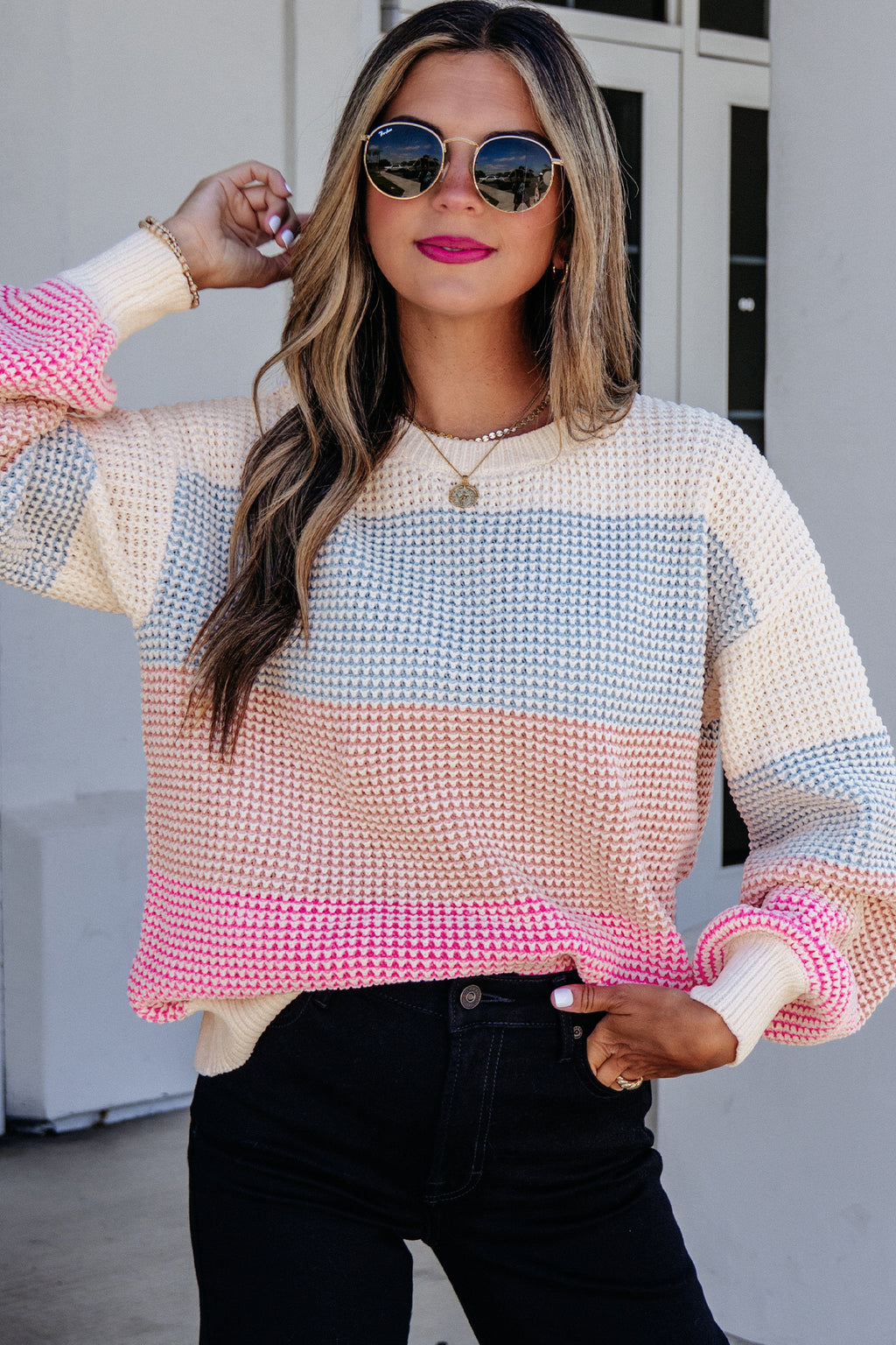 Light Blue Drop Shoulder Round Neck Long Sleeve Pullover Sweater