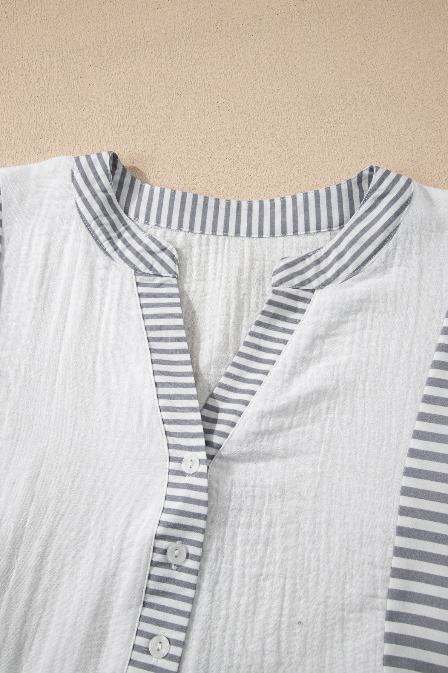Gray Stripe Half Button Gauze Patchwork Bracelet Sleeve Babydoll Blouse