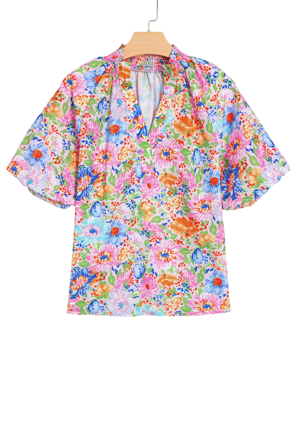 Pink Floral Print V Neck Short Sleeve Shift Blouse
