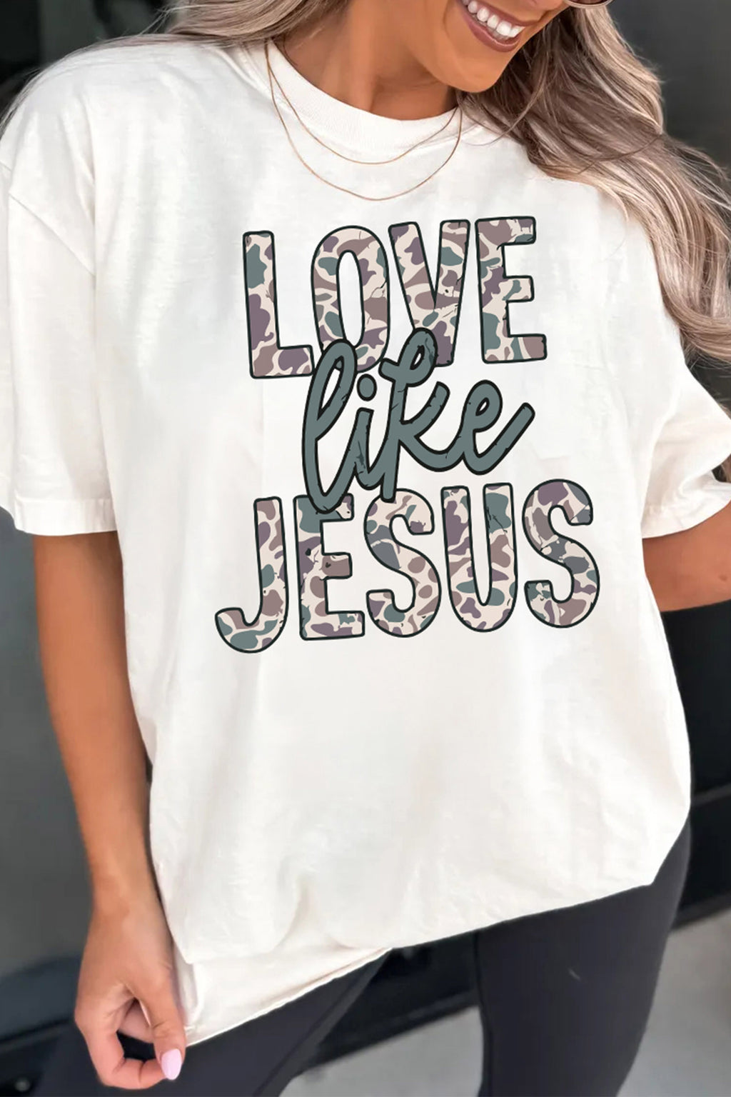 White Camo Letter Print Short Sleeve Casual T-Shirt