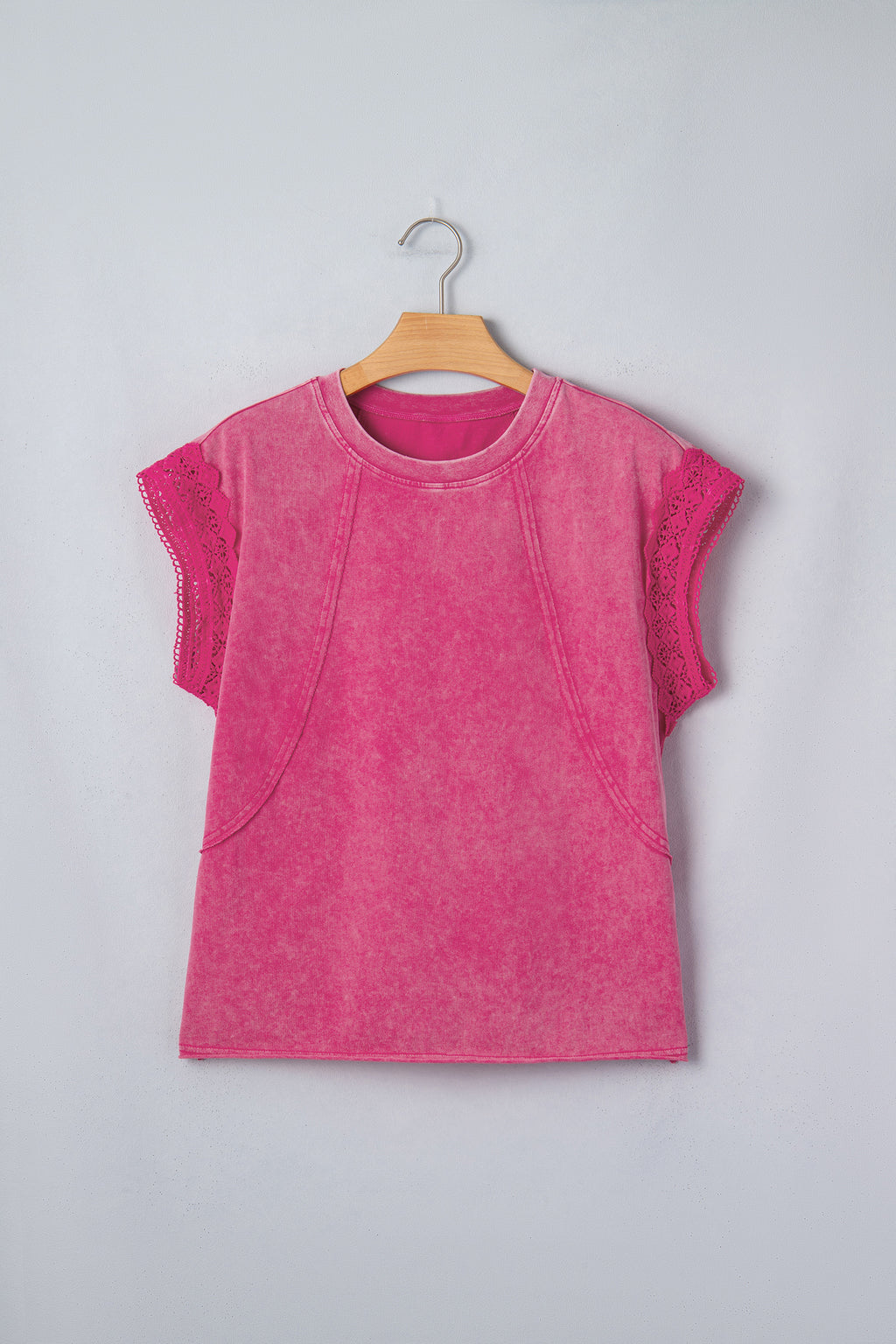 Pink Mineral Wash Raw Seam Detail Lace Trim Cap Sleeve Top