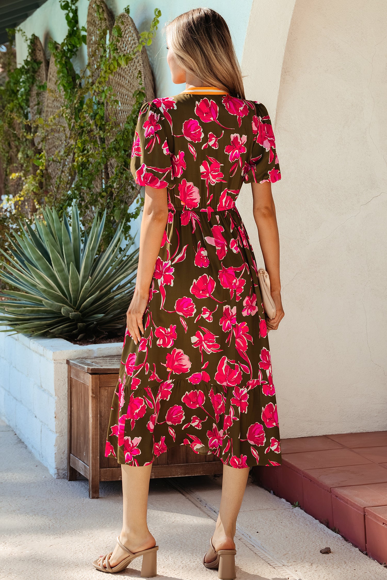 Green Floral Print Striped Trim Split Neck Short Puff Sleeve Ruffle Hem Maxi Dress