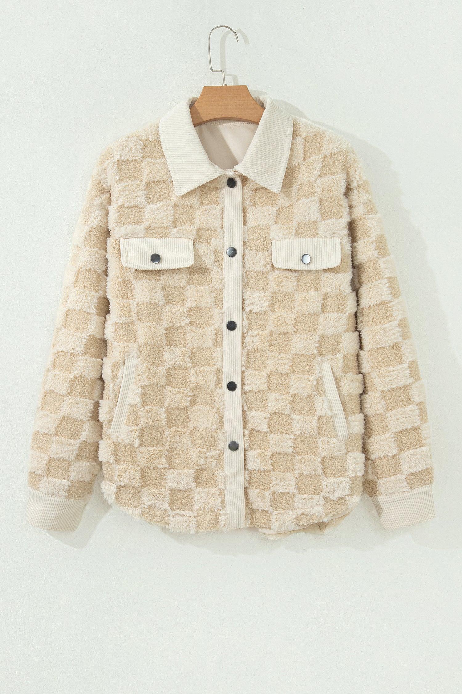 Khaki Plush Checkered Corduroy Trim Metal Button Long Sleeve Shift Silhouette Shacket
