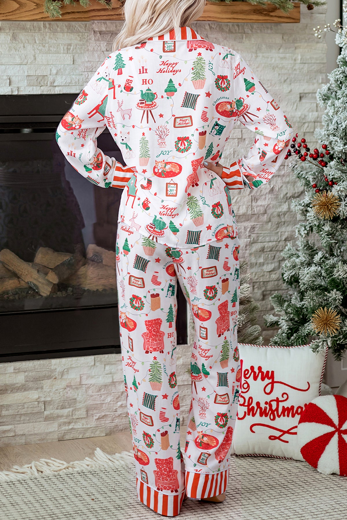 White Striped Holiday Long Sleeve Two Piece Shift Home Wear Lounge Set
