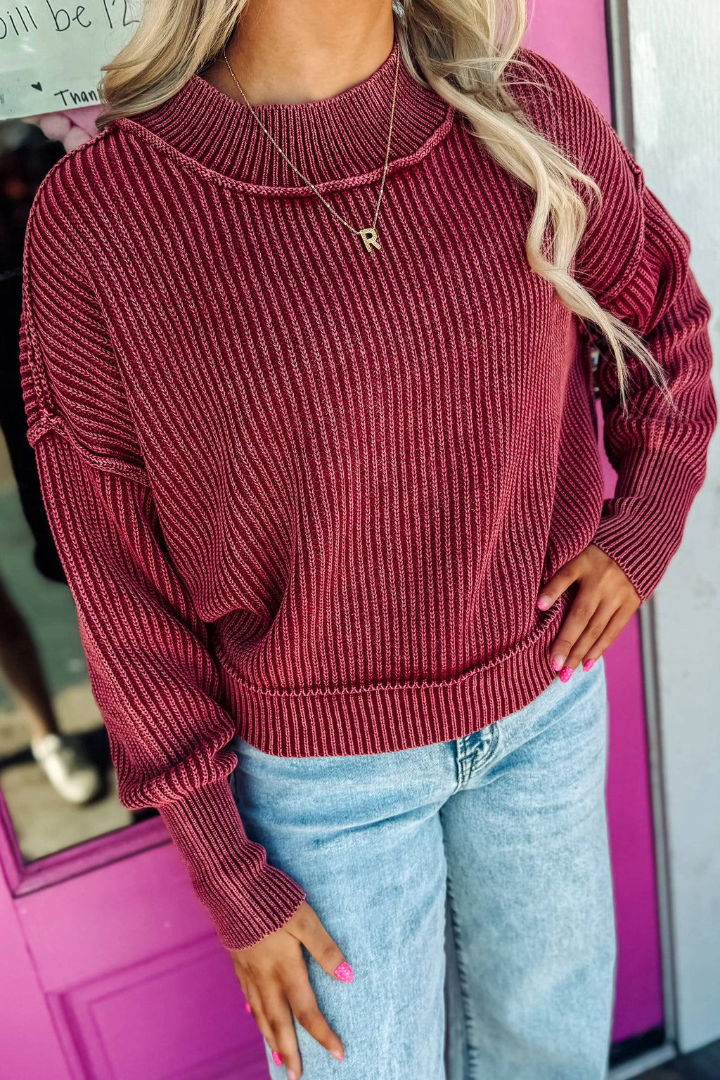 Red Dahlia Drop Shoulder High Neck Ribbed Sweater