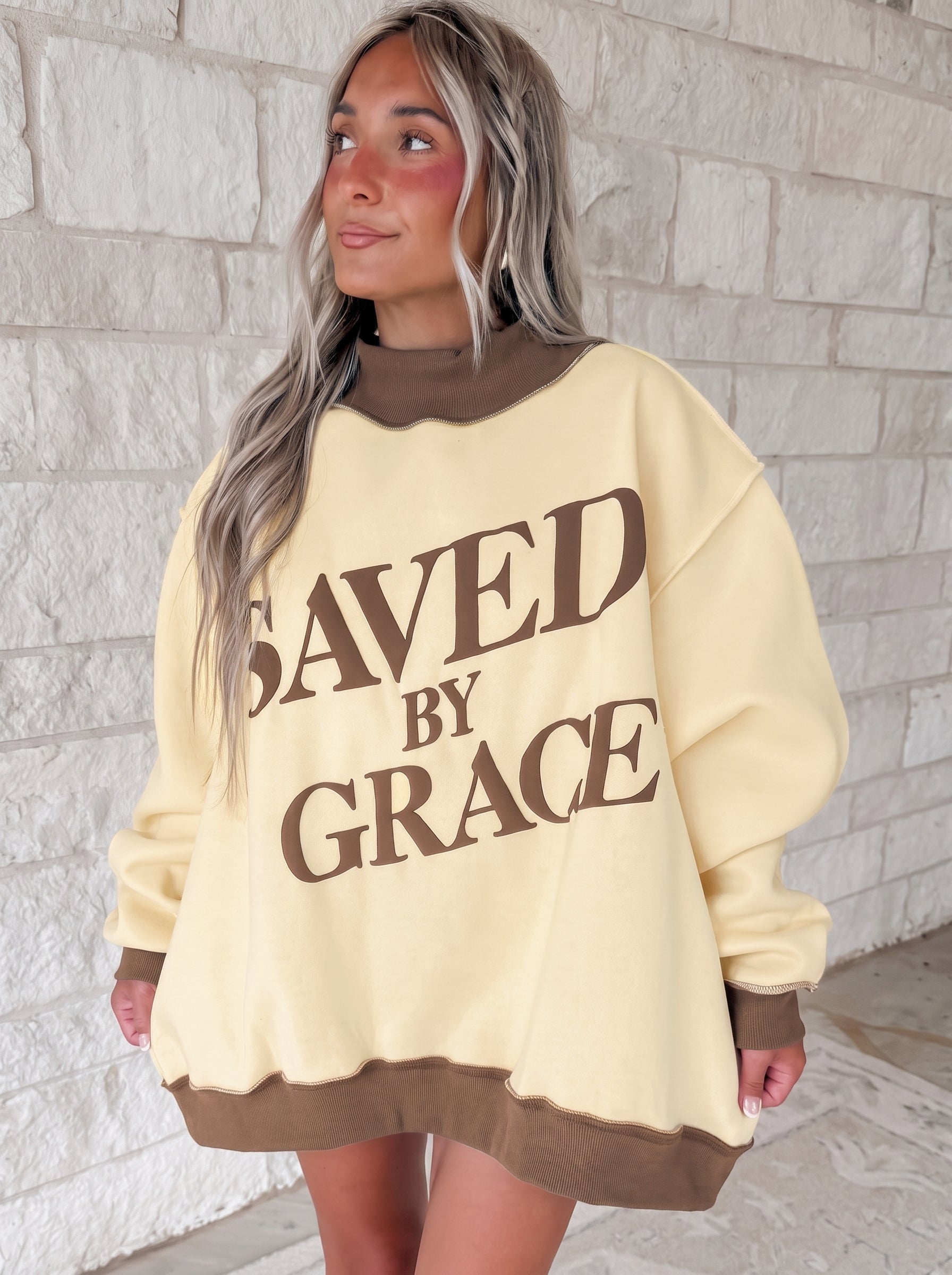 Beige Saved By Grace Print Color Block Mock Neck Oversized Sweatshirt