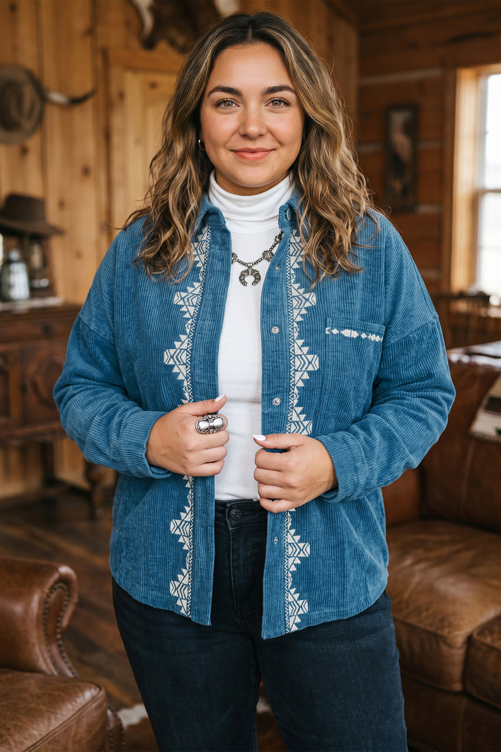 Blue Embroidered Corduroy V-Neck Long Sleeve Plus Size Shirt