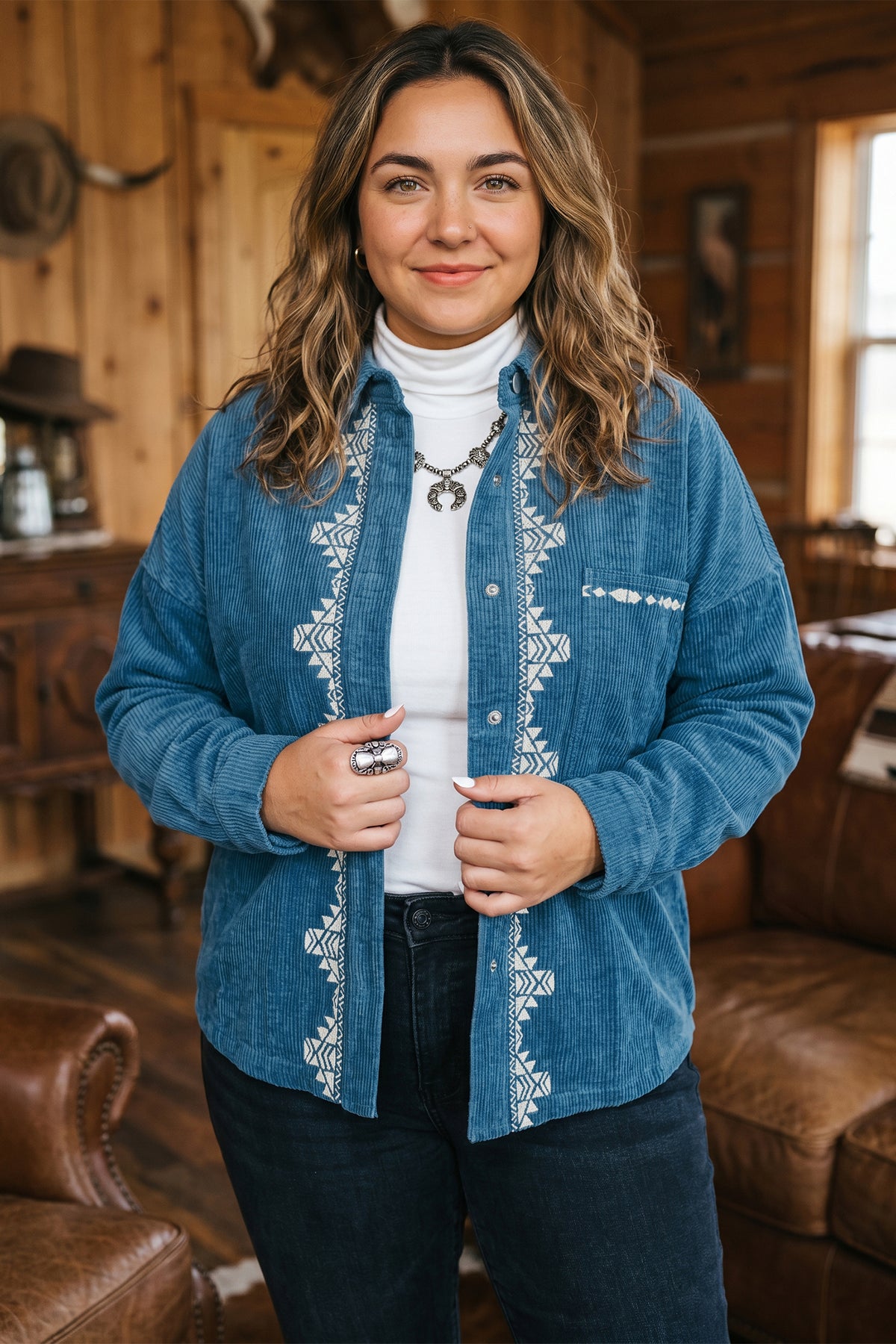 Blue Embroidered Corduroy V-Neck Long Sleeve Plus Size Shirt