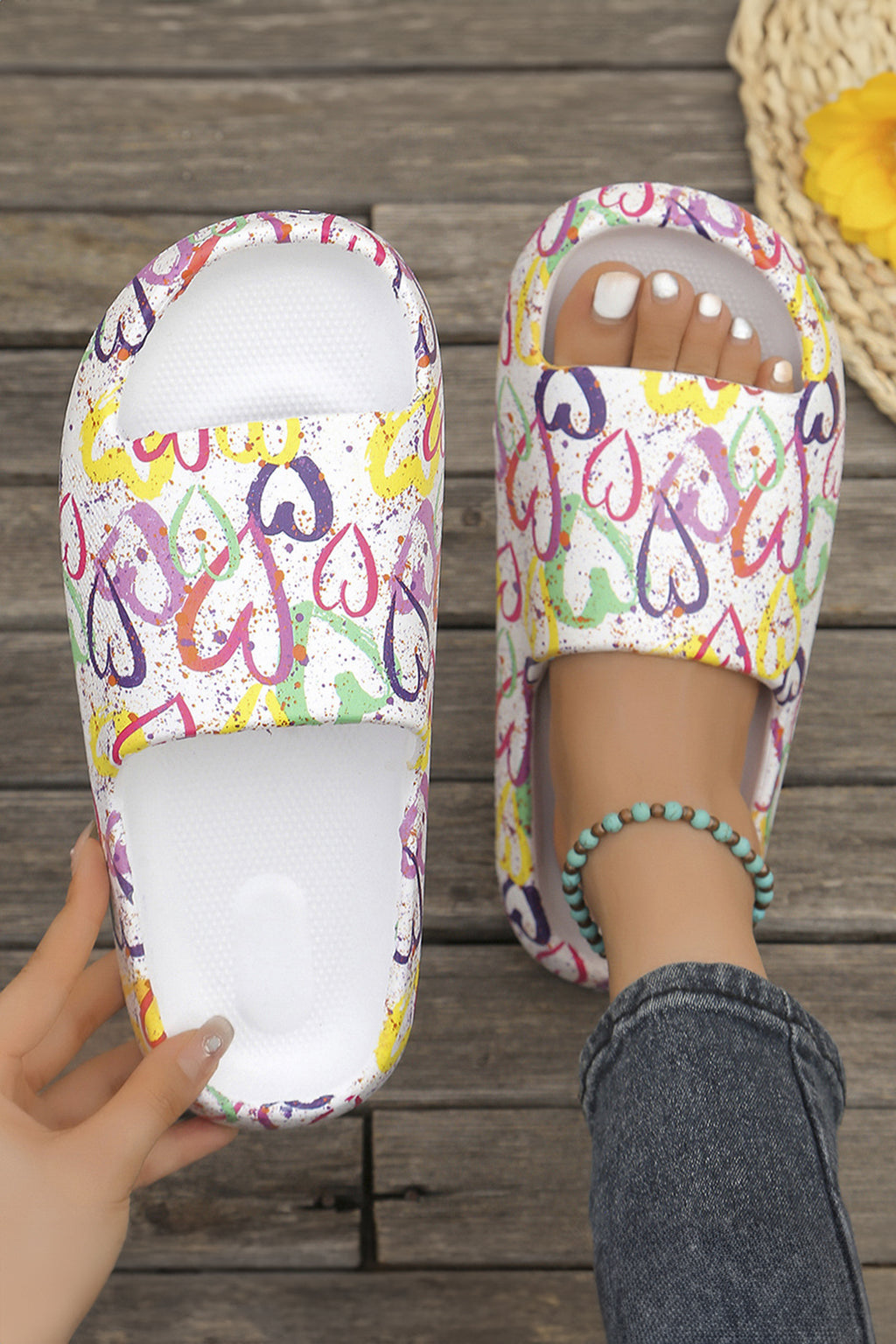 White Colorful Heart Print EVA Slippers
