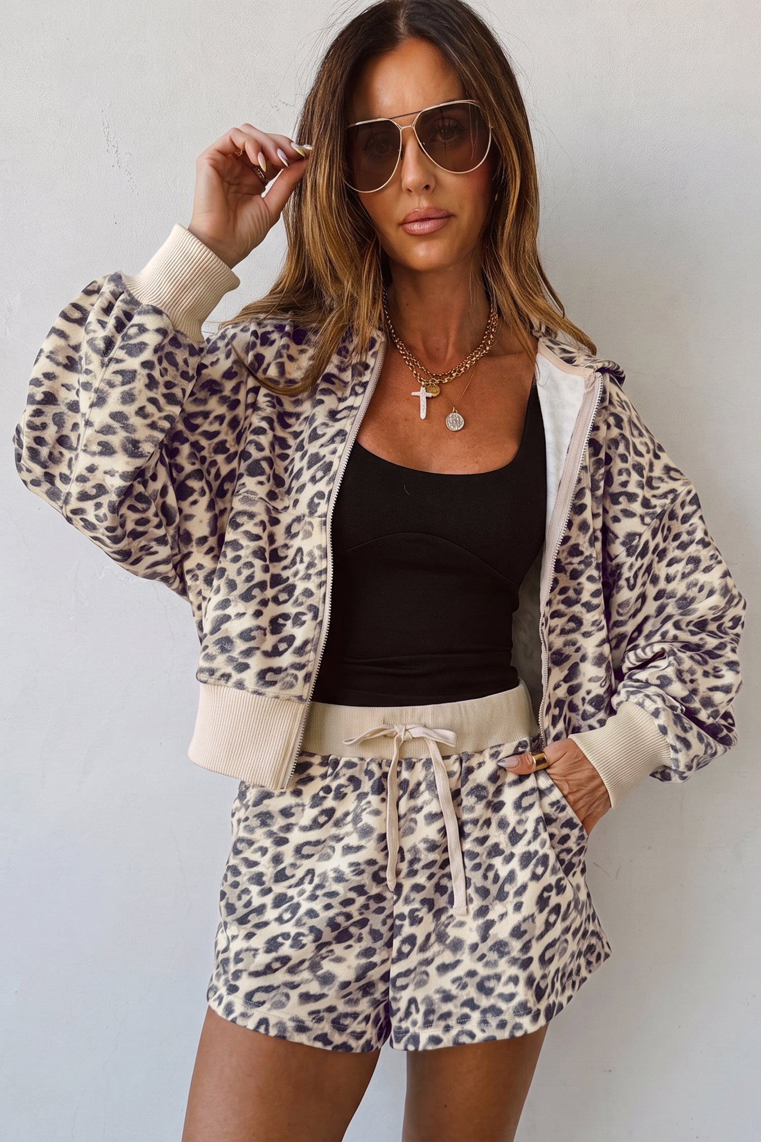 Multicolour Leopard Zip-Up Hooded Drawstring Pant Set