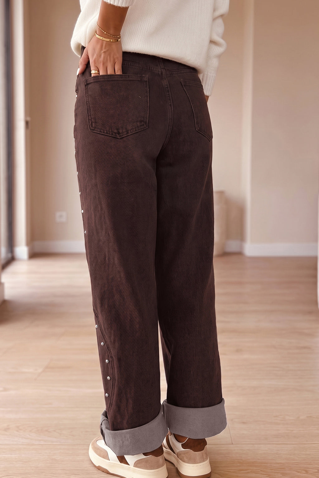 Coffee Side Seam Rivet Detail Ankle Length Casual Jeans